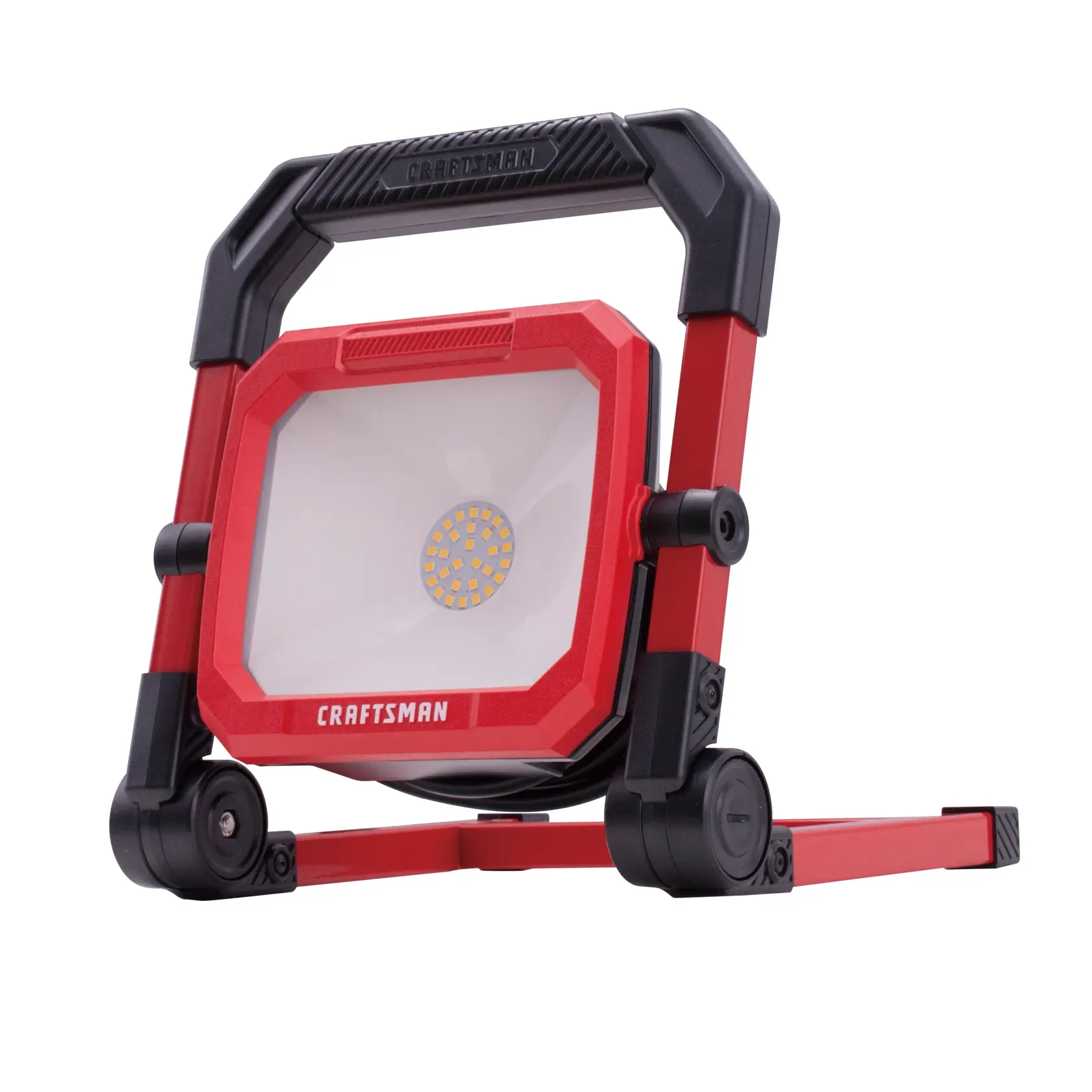 Photo of Craftsman LED work light CMXELAYMPL1026 with red and black frame, front angle, white background.