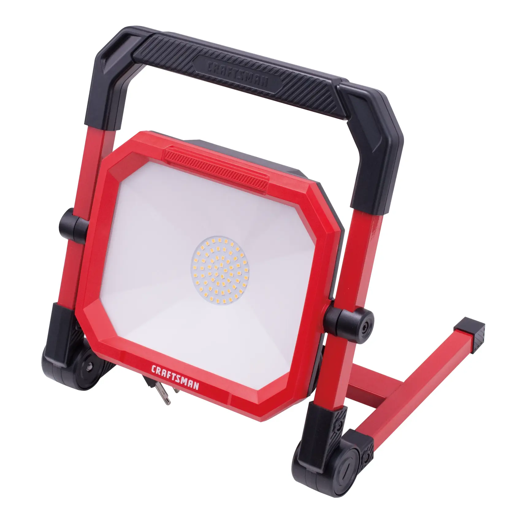 Front angle photo of Craftsman LED work light, model CMXELAYMPL1028, with red and black frame.