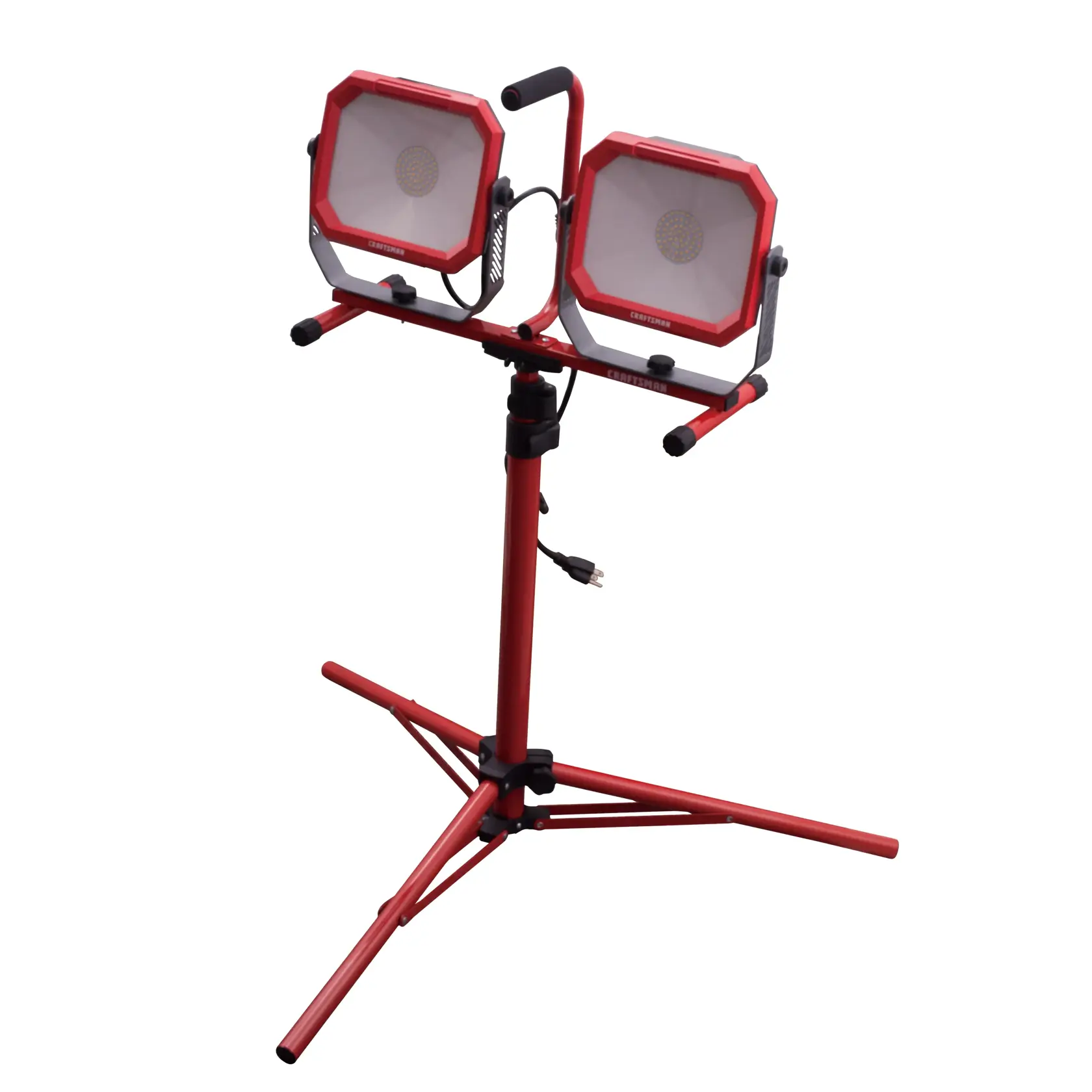 Photo of Craftsman dual-head LED work light model CMXELAYMPL1029 on tripod stand, front angle.