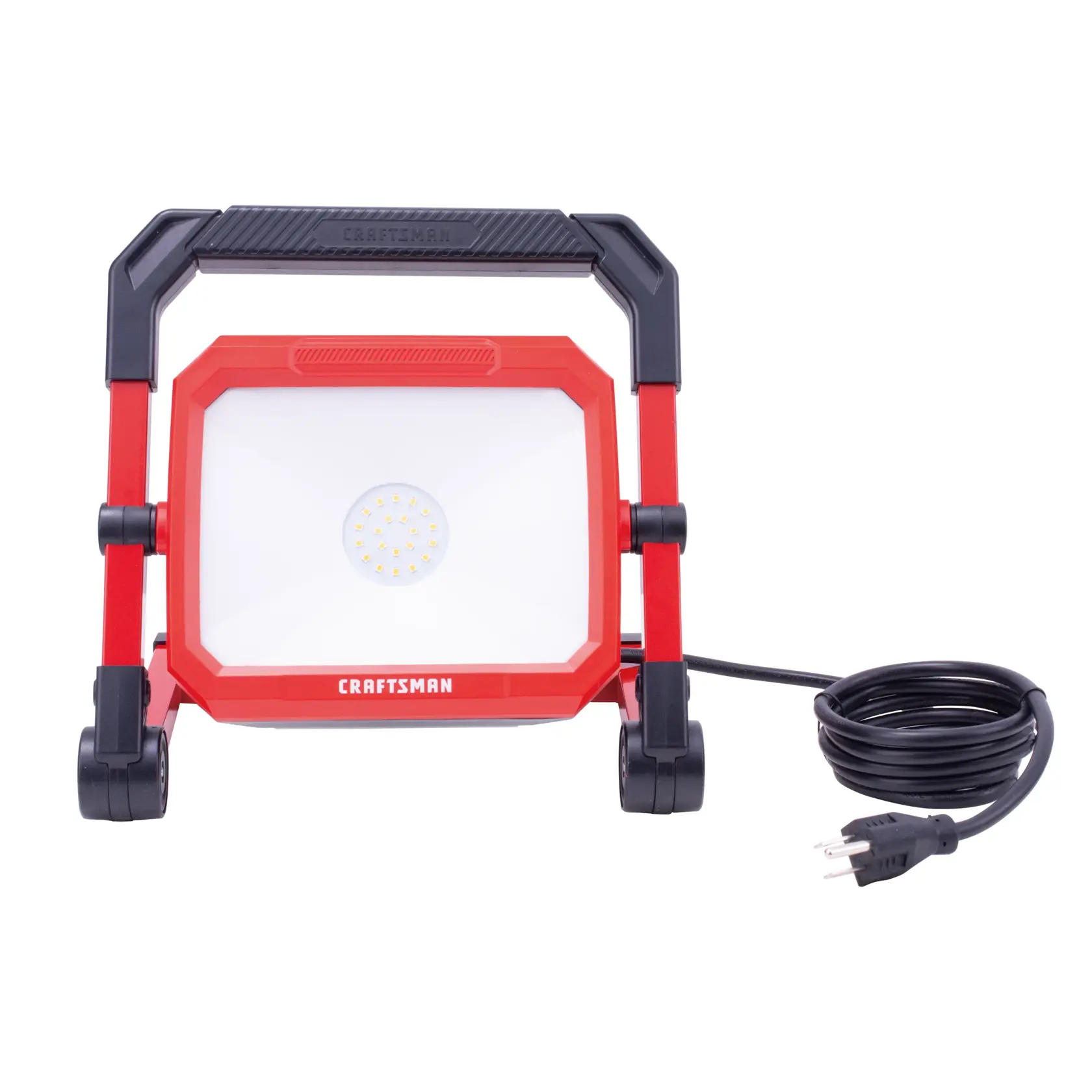 Photo of Craftsman LED work light CMXELAYMPL1030, red frame, front angle, with black power cord.