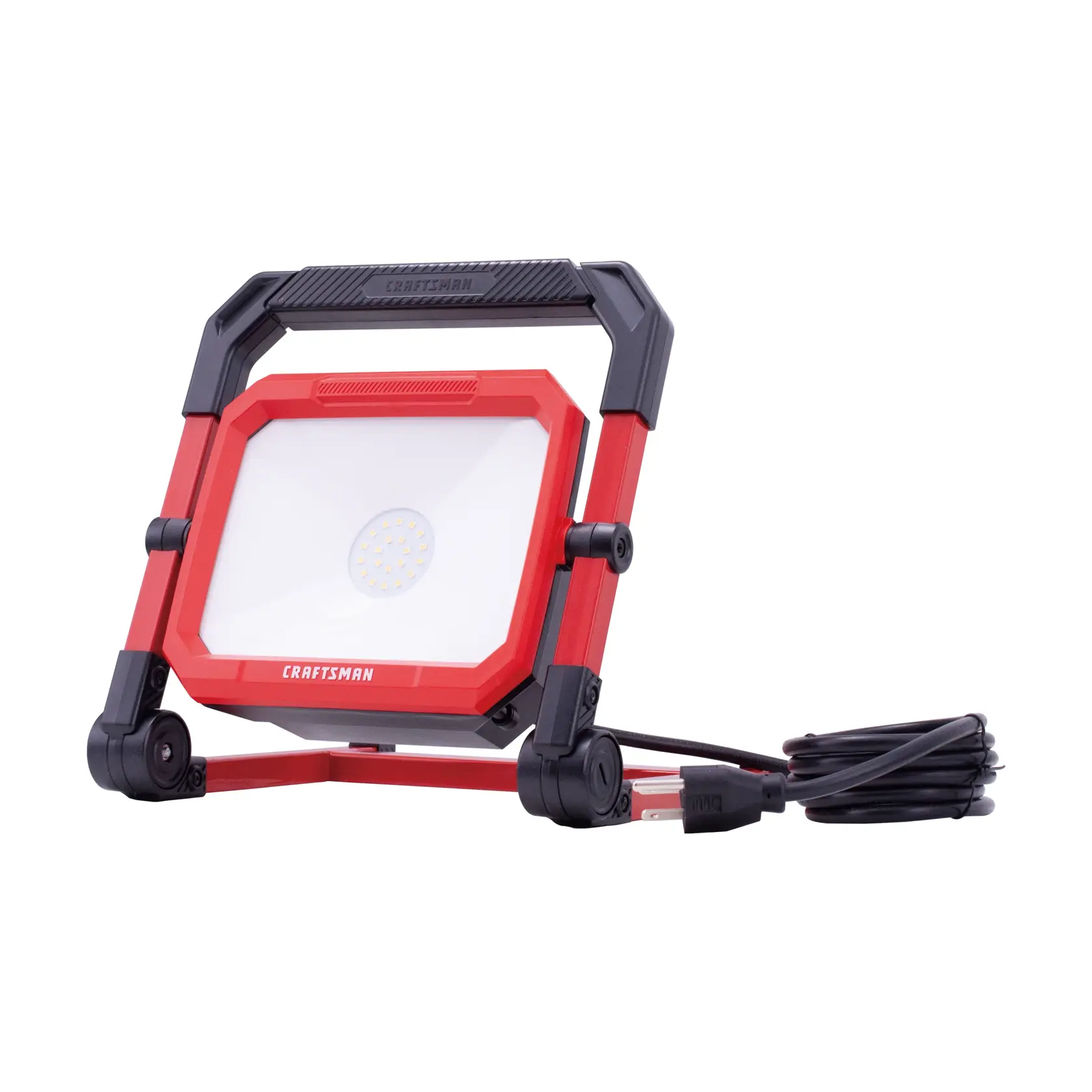 Photo of Craftsman LED work light CMXELAYMPL1030, red and black frame, front angle, with power cord.