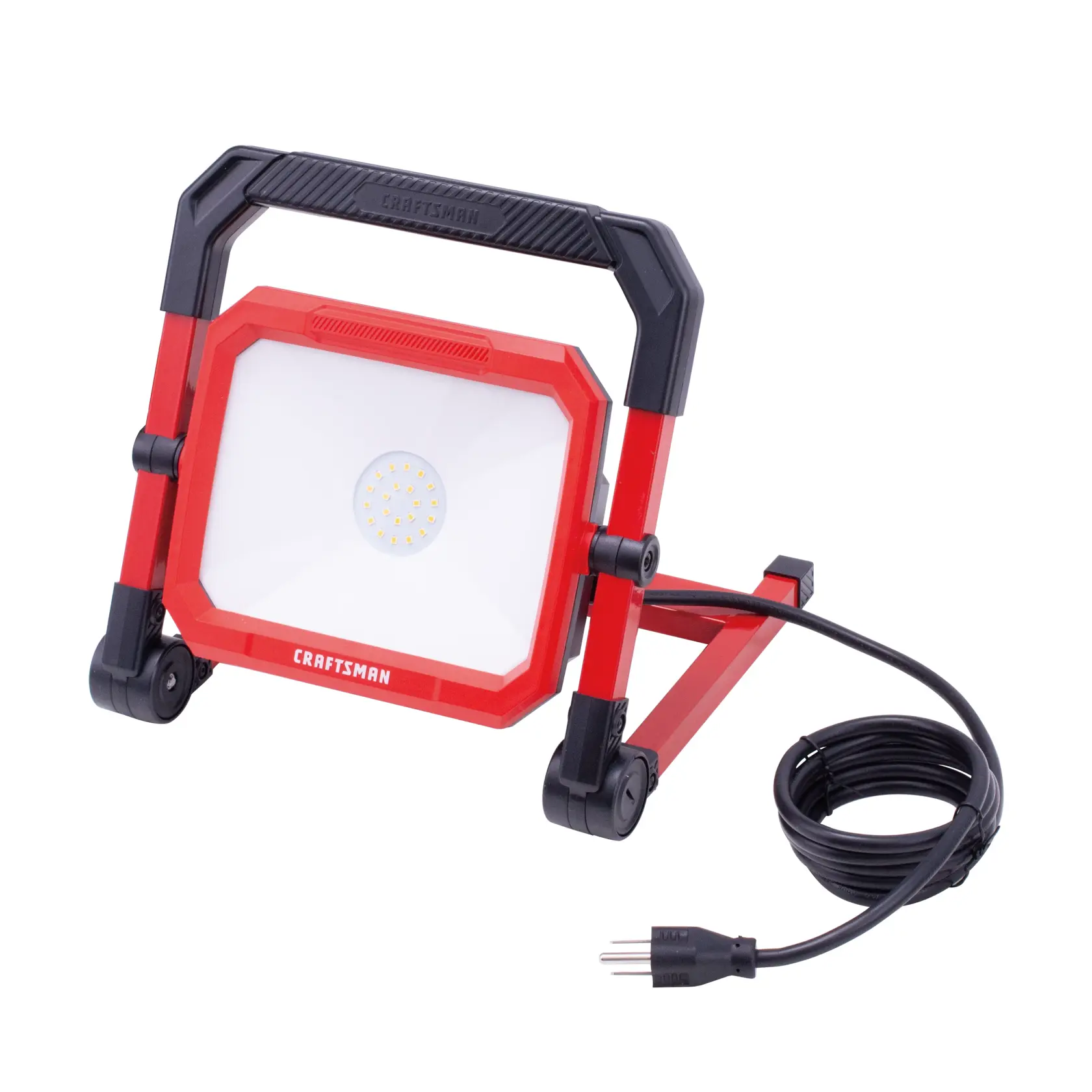 CRAFTSMAN portable LED work light CMXELAYMPL1030, red and black, front angle, with power cord.