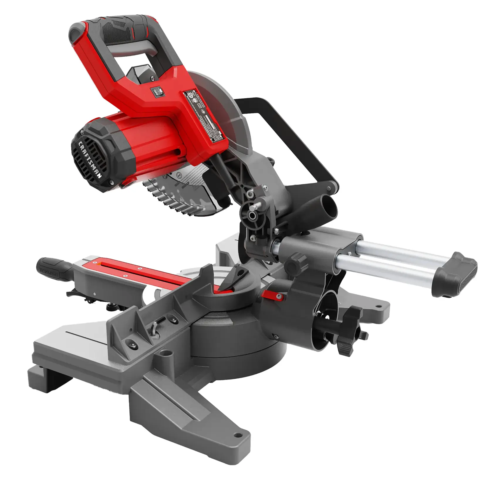 A red and black sliding compound miter saw, designed for making precise angled cuts in wood and other materials. The saw features a circular blade, an adjustable cutting arm, and measurement markings on a sturdy base.