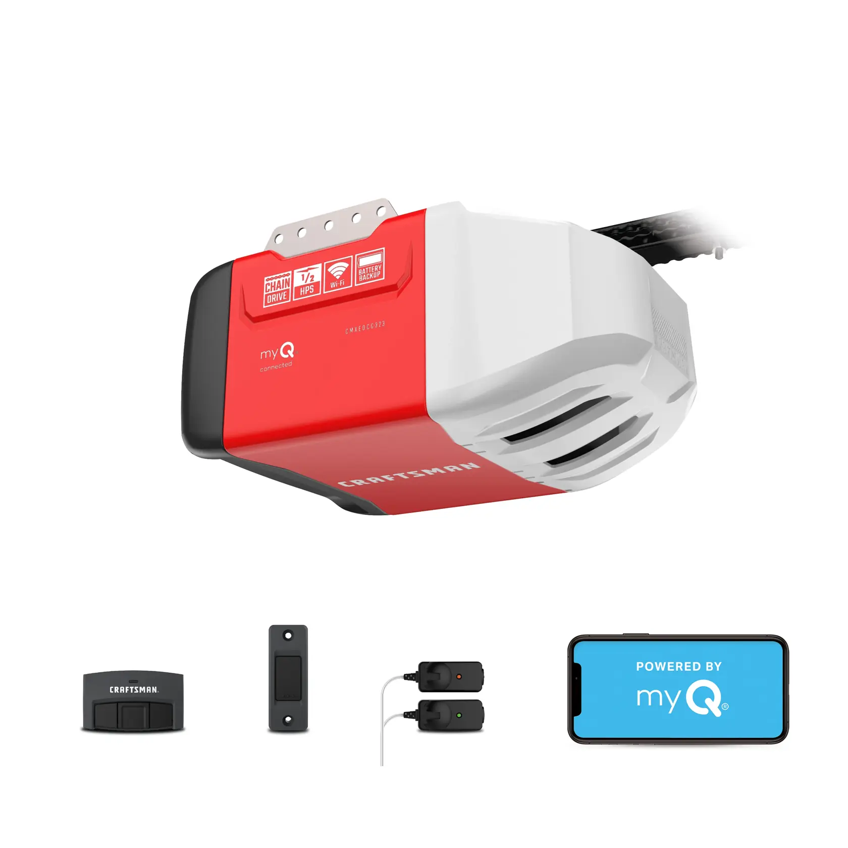 Craftsman myQ Chain Drive Garage Door Opener. 0.5 HP,  3-Button Remote, Wall Control, 2-Sensors