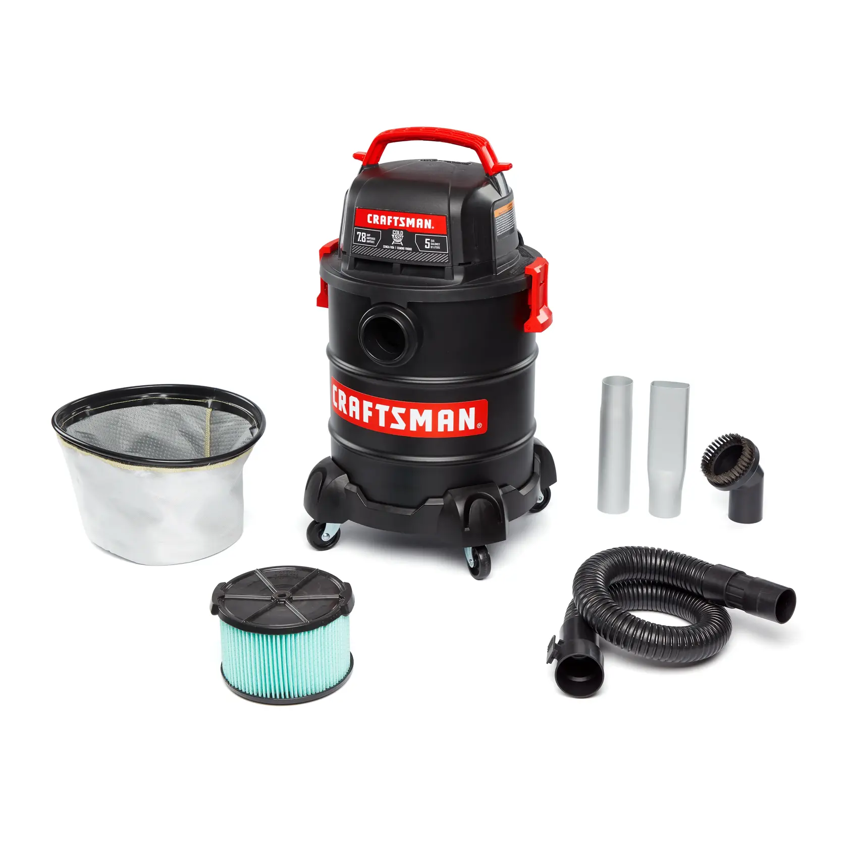 CRAFTSMAN 5-gallon wet/dry vacuum with hose, wand, tools and brush, labeled features and specifications shown.