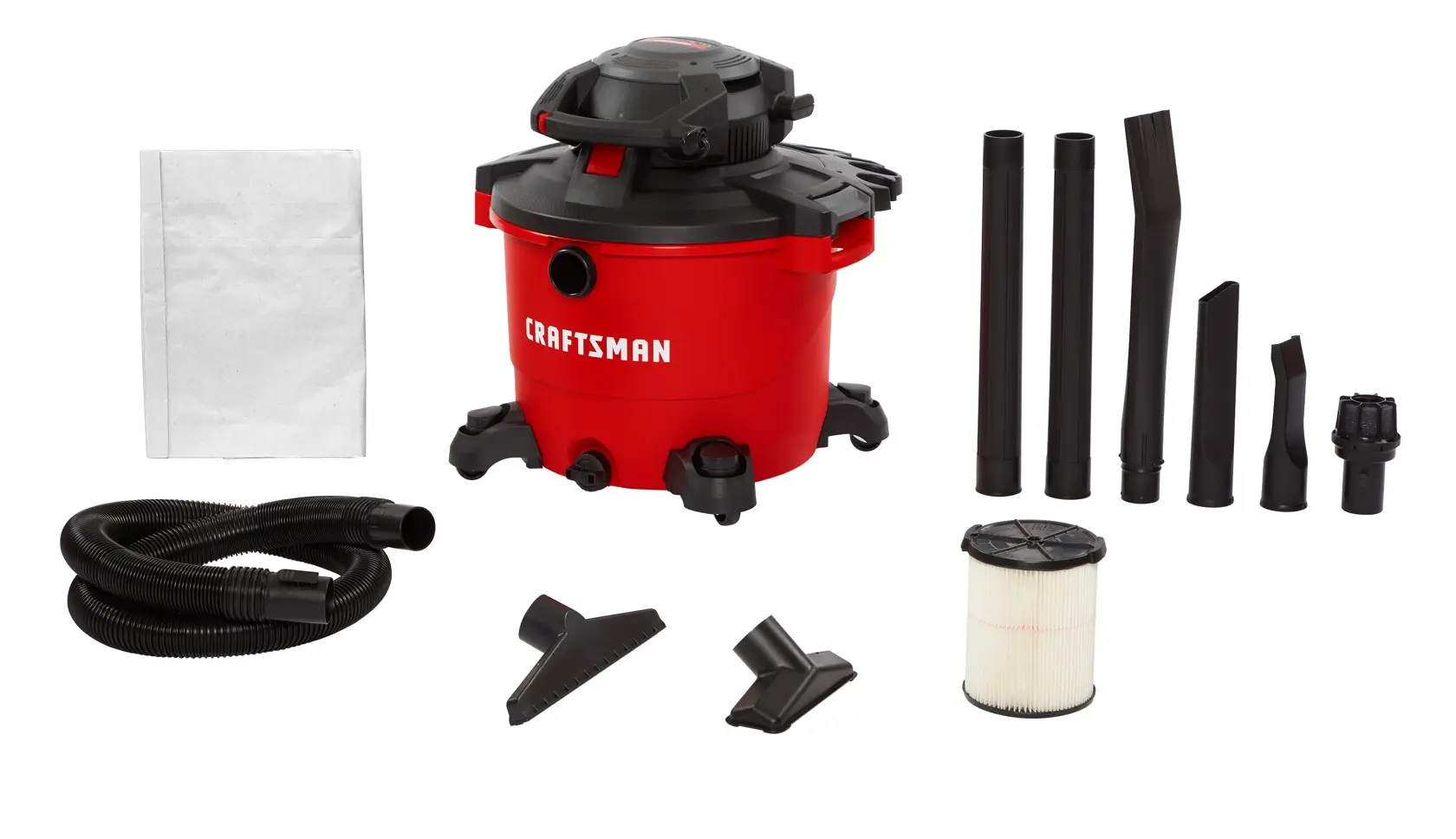 16 gallon 6.5 peak H P wet dry vacuum with detachable leaf blower and complete kit.