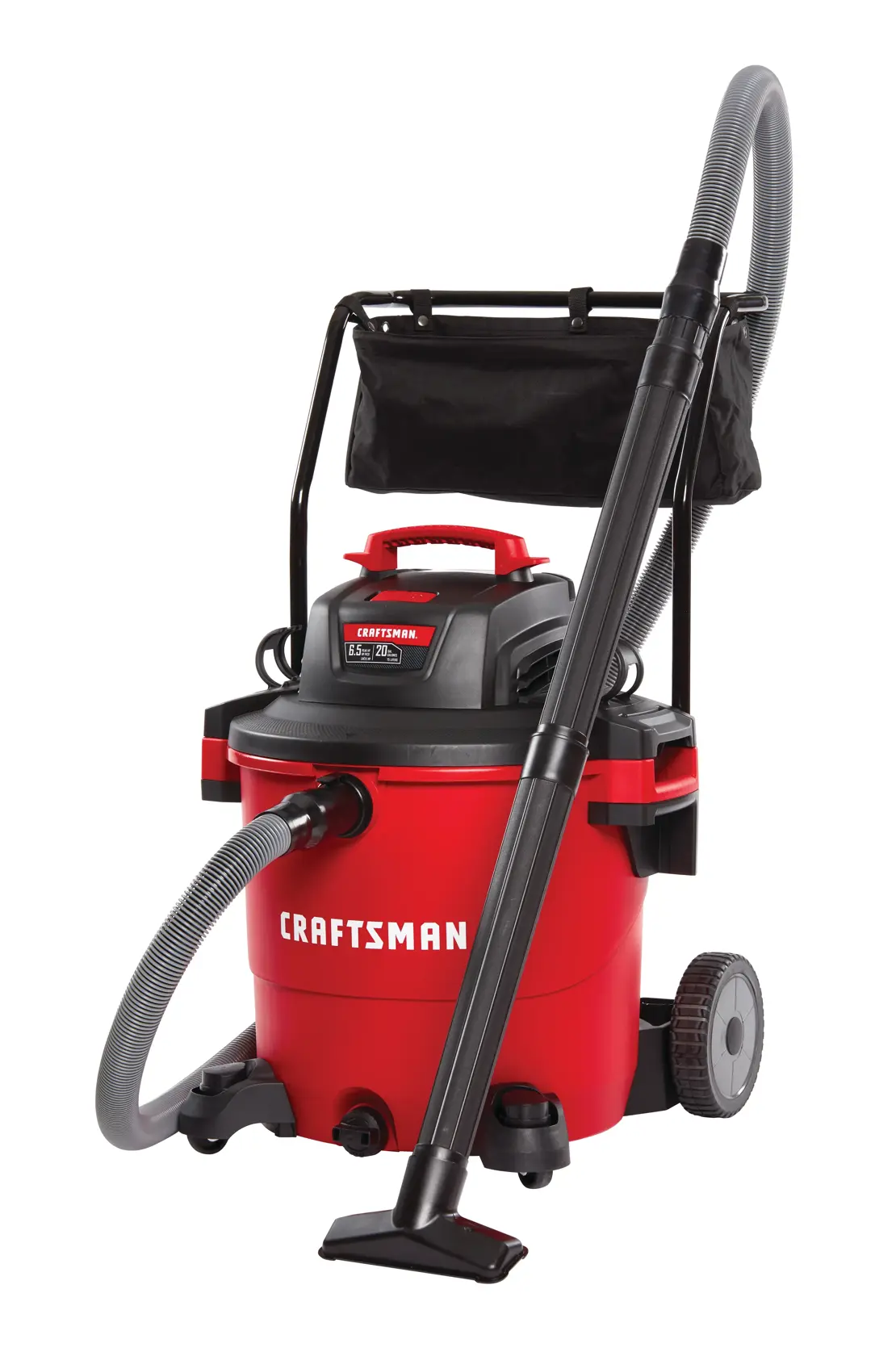 Left profile of 20 gallon 6.5 H P wet dry vacuum with cart.