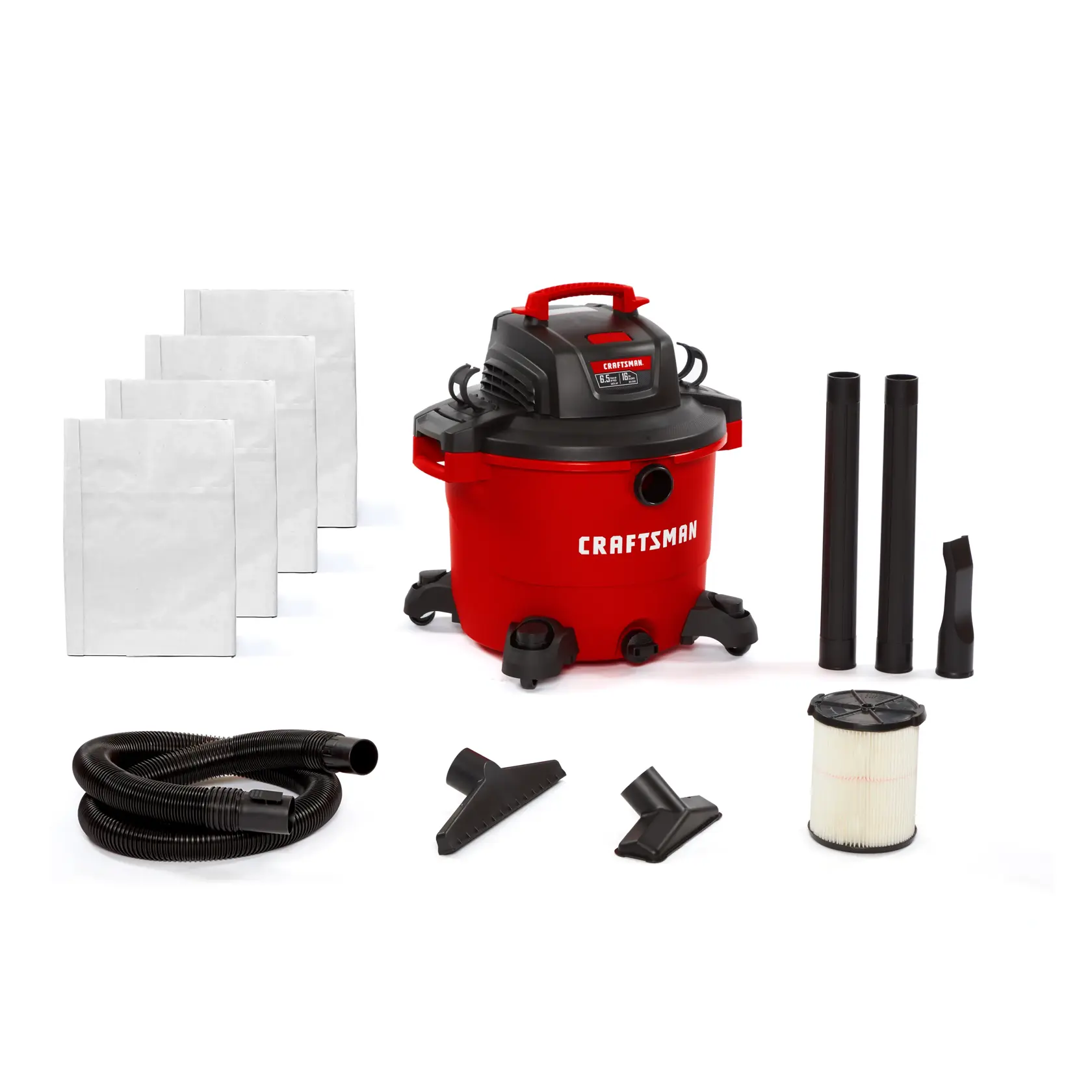 "Right facing CRAFTSMAN 16 Gallon 6.5 Peak HP Wet/Dry Vac with 4 Dust Bags and Attachments
"