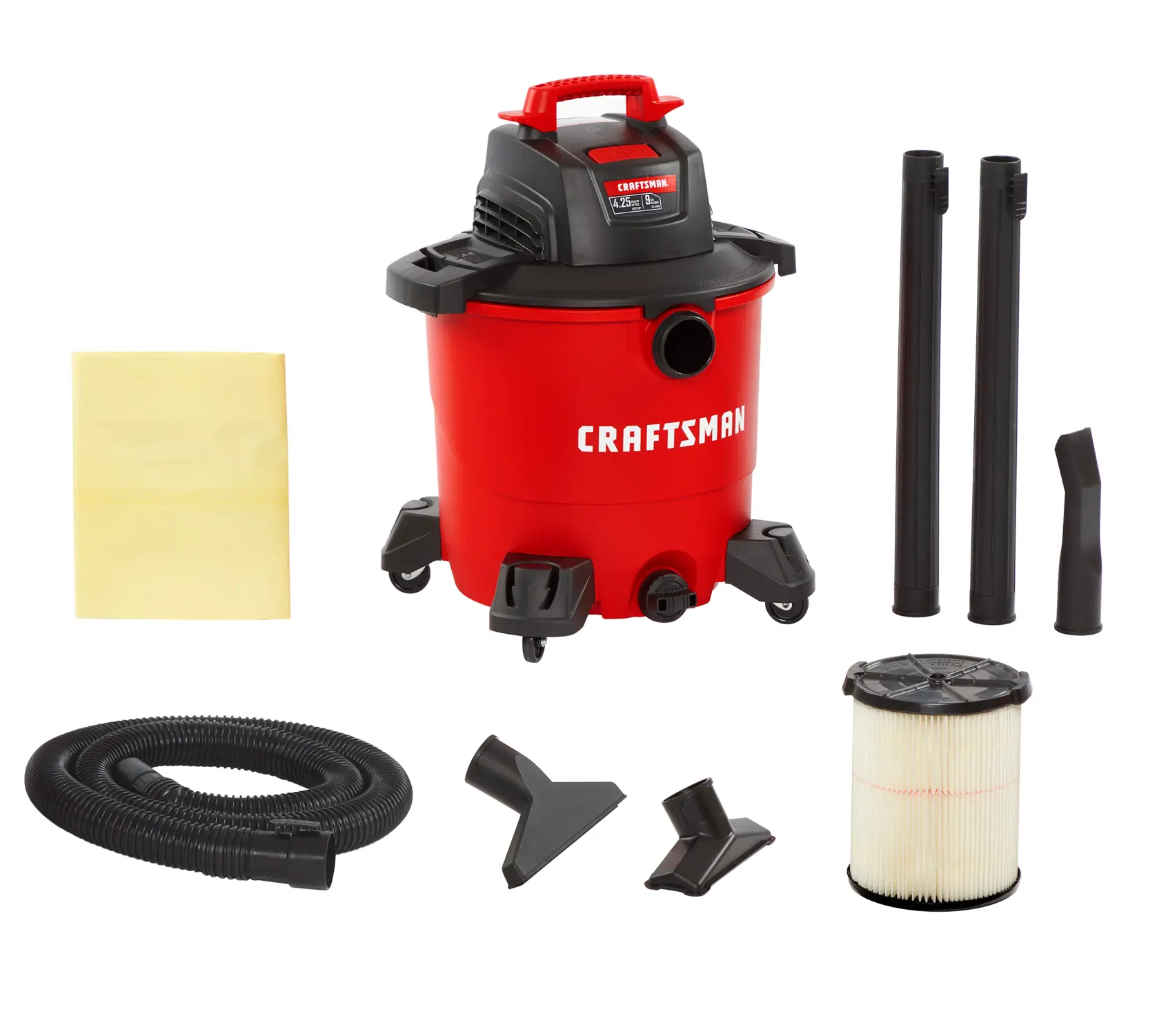 Right facing CRAFTSMAN 9 Gallon 4.25 Peak HP Wet/Dry Vac with Dusting Brush and Attachment