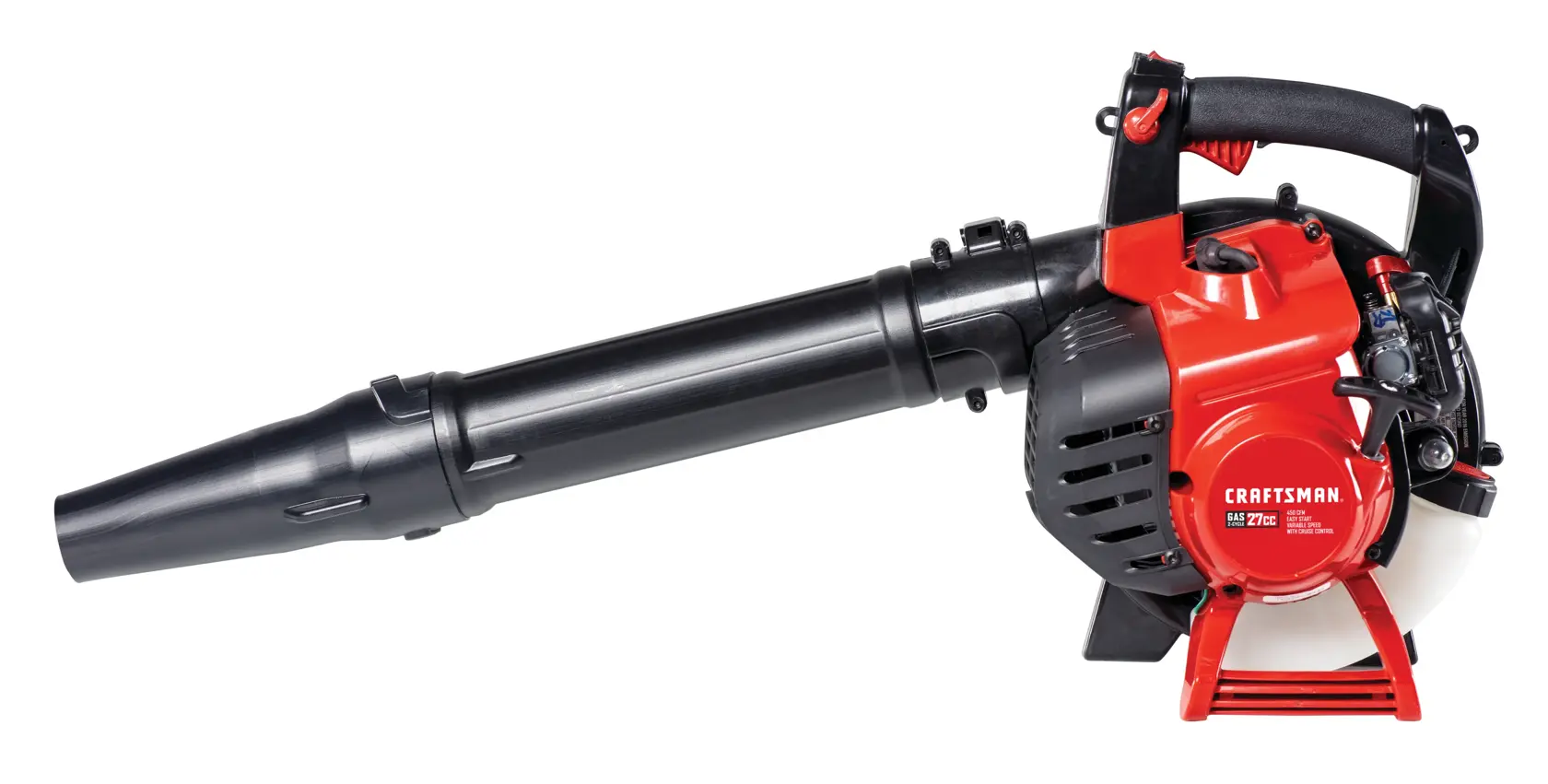 Left profile of 2 cycle full crank engine gas leaf blower vacuum.