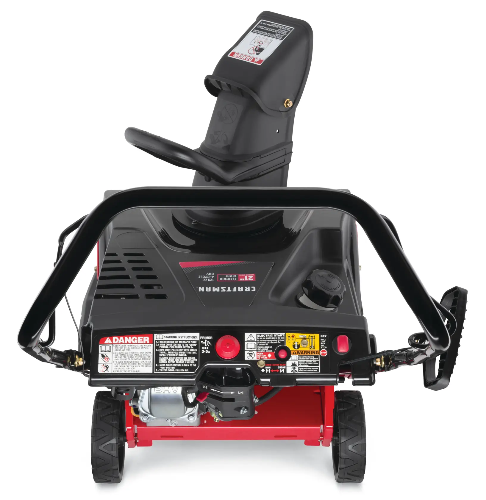 Profile of 21 inch 123 CC electric start single stage snow blower.