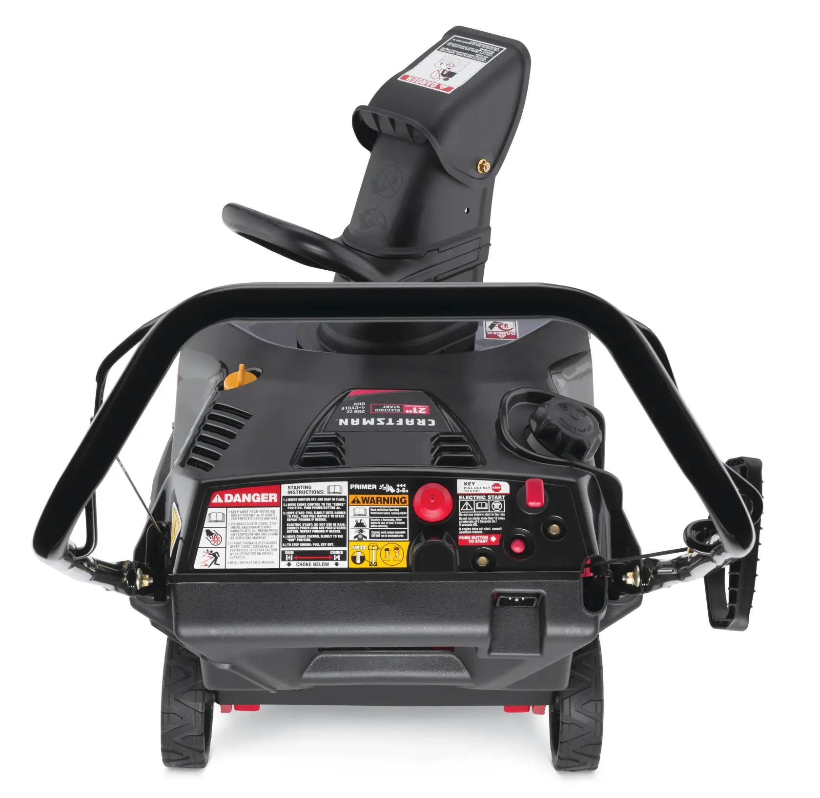 Back profile of 21 inch 208 CC electric start single stage snow blower.