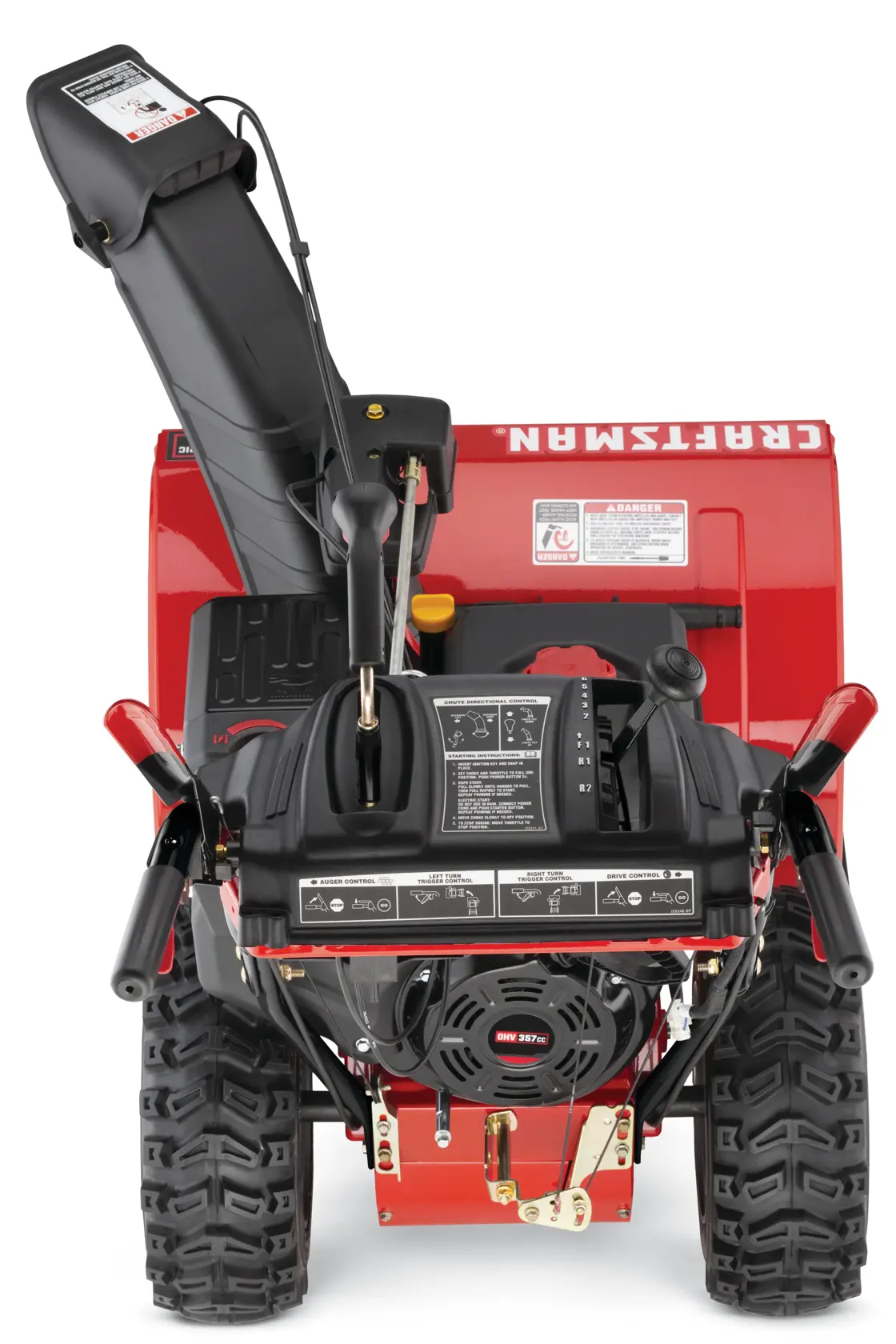 Back profile of 28 inch 357 CC electric start three stage snow blower.