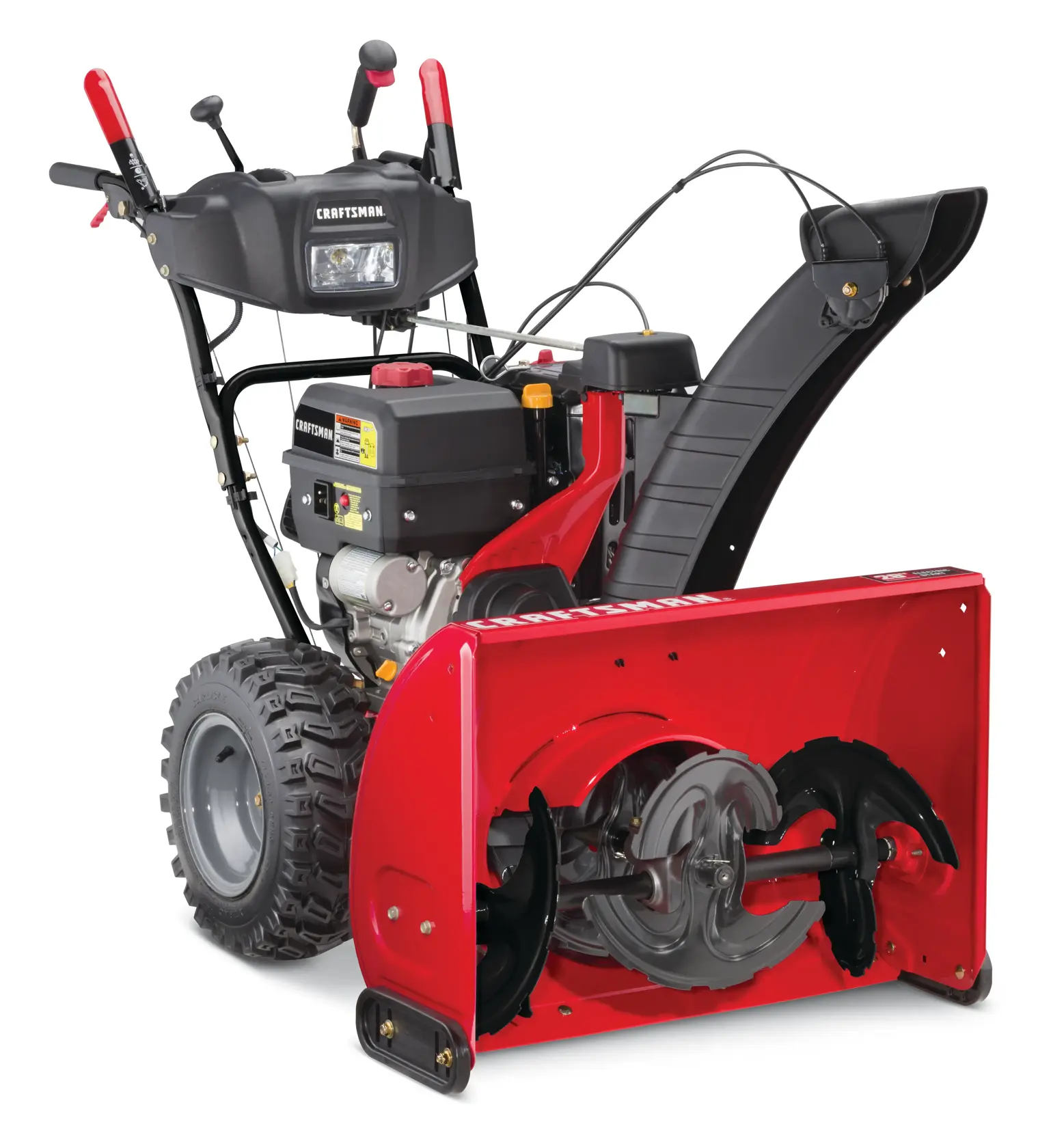 Profile of 28 inch 357 CC electric start three stage snow blower.
