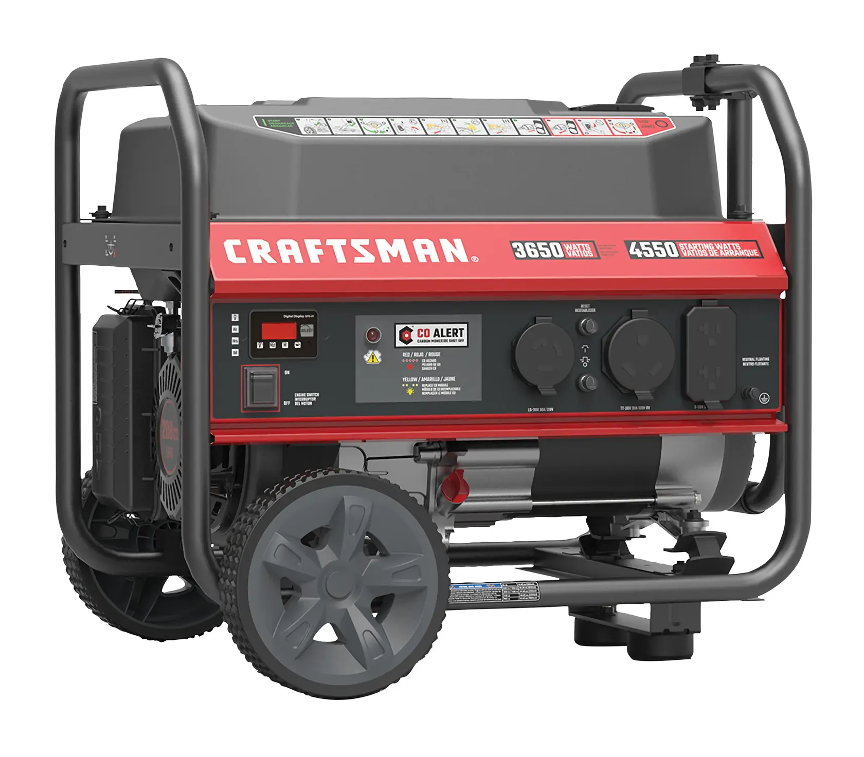 A Craftsman portable generator with a red and black design. It features a built-in CO alert system, multiple outlets, a control panel, and two large wheels for mobility. The model numbers 3650 running watts and 4550 starting watts are displayed on the unit. 
