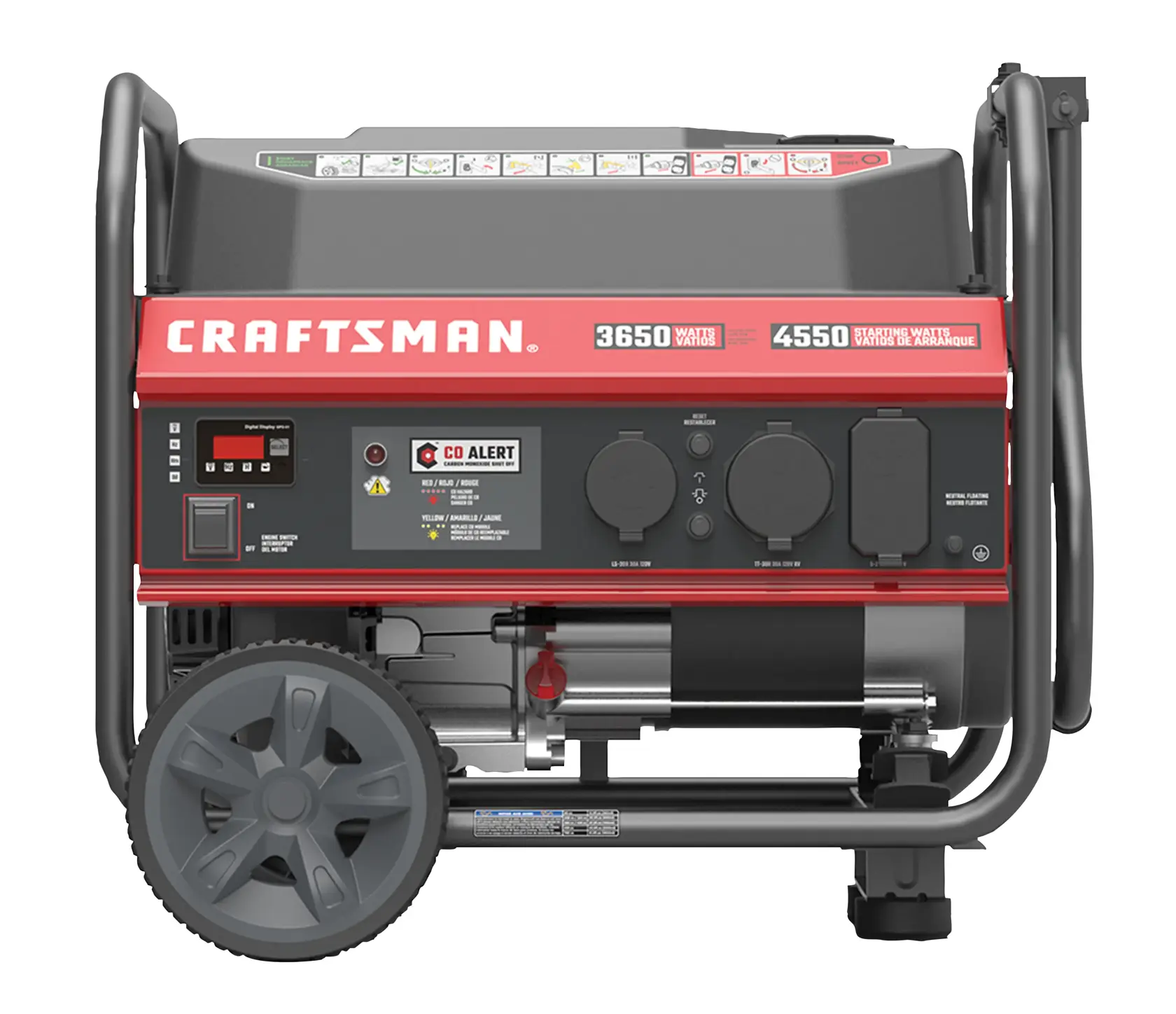 A Craftsman portable generator with a 3650 running watts and 4550 starting watts capacity. The generator is mounted on a metal frame with wheels for easy transportation and features control panels, outlets, and safety information on the front.