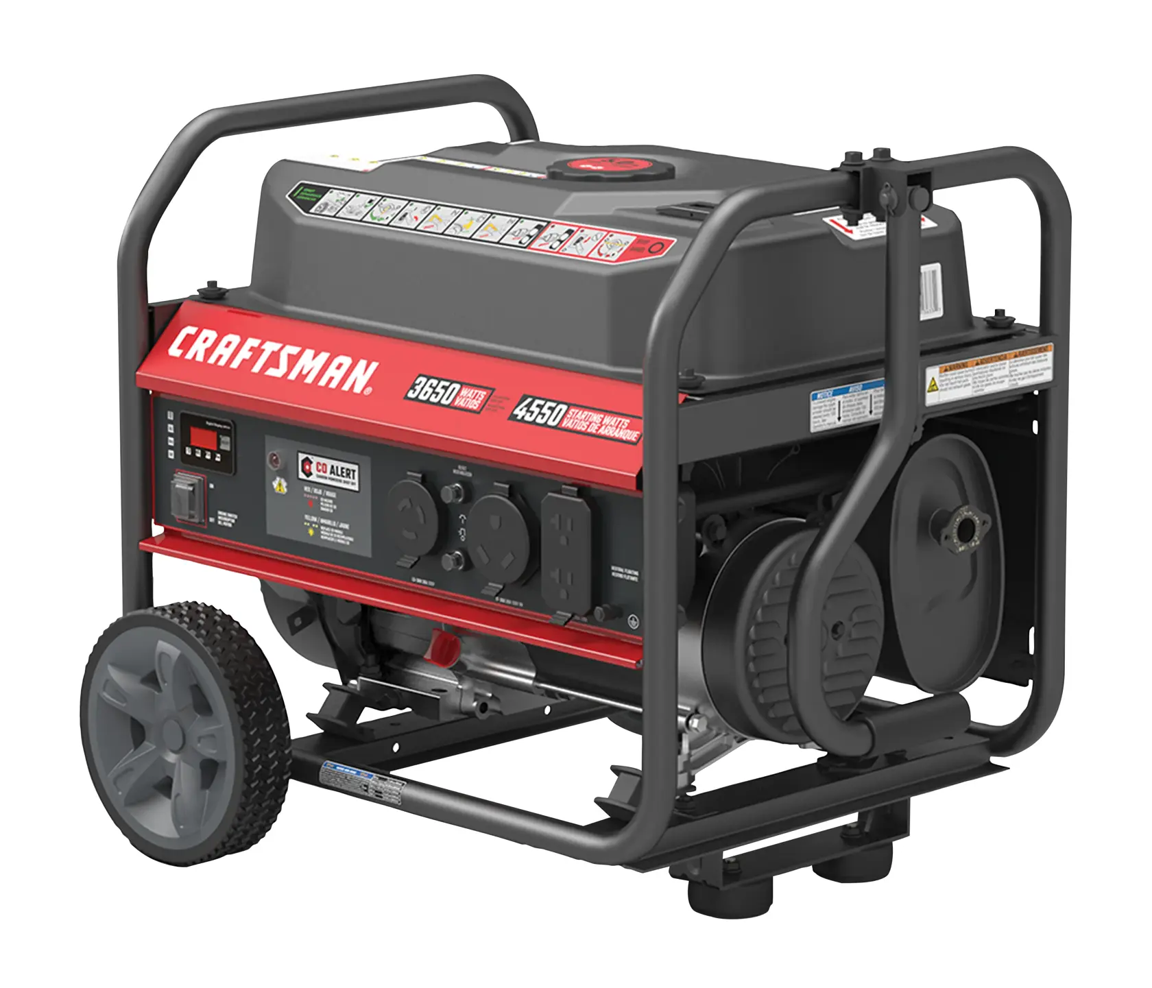 A Craftsman portable generator with a peak wattage of 4550 and running wattage of 3650. The generator is equipped with large wheels for easy transport, various power outlets on the side, and a red and black design with detailed control panels and safety information on top. 