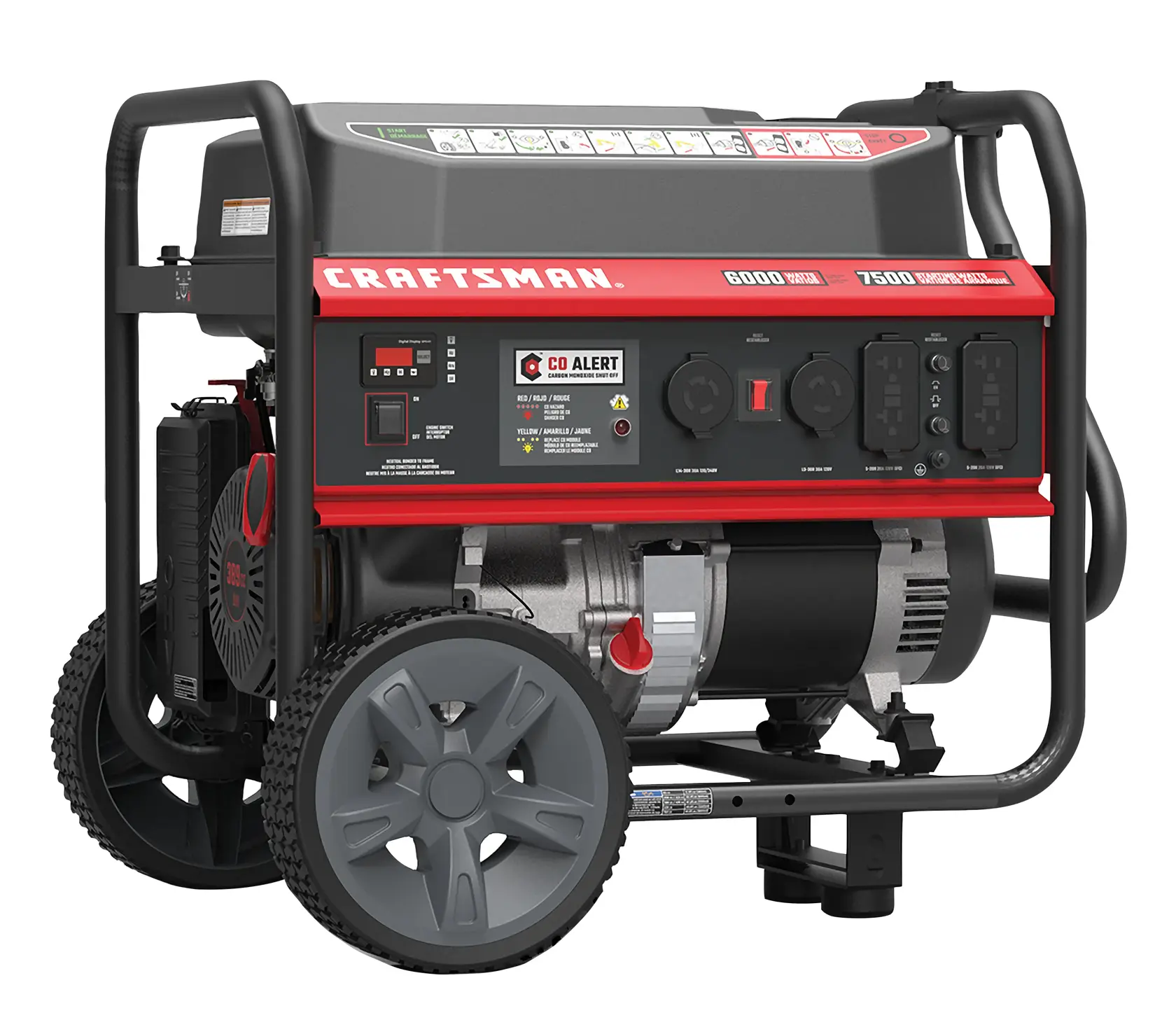 A Craftsman portable 7500W generator with two large wheels, multiple outlets, CO Alert technology, and a red and black design.