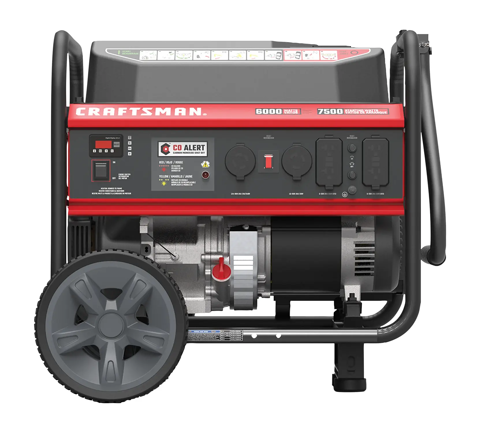 A Craftsman portable generator with a red and black color scheme. It features 6000 running watts and 7500 starting watts, CO alert technology, multiple outlets, and large wheels for mobility.