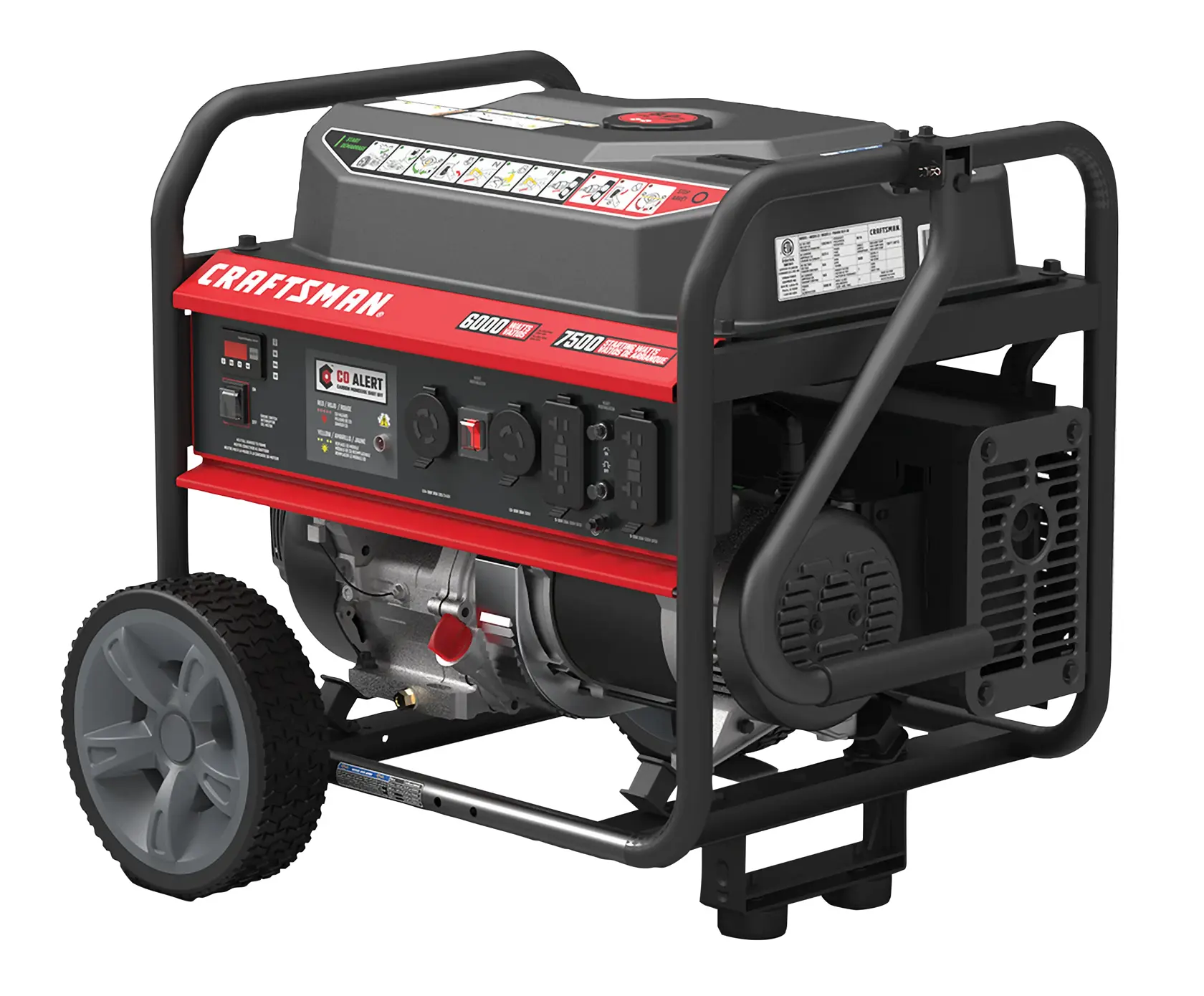 A Craftsman portable generator with a red and black design. It features multiple power outlets, user interface controls, and wheel attachments for mobility. The control panel includes indicators, switches, and an instruction label on top.