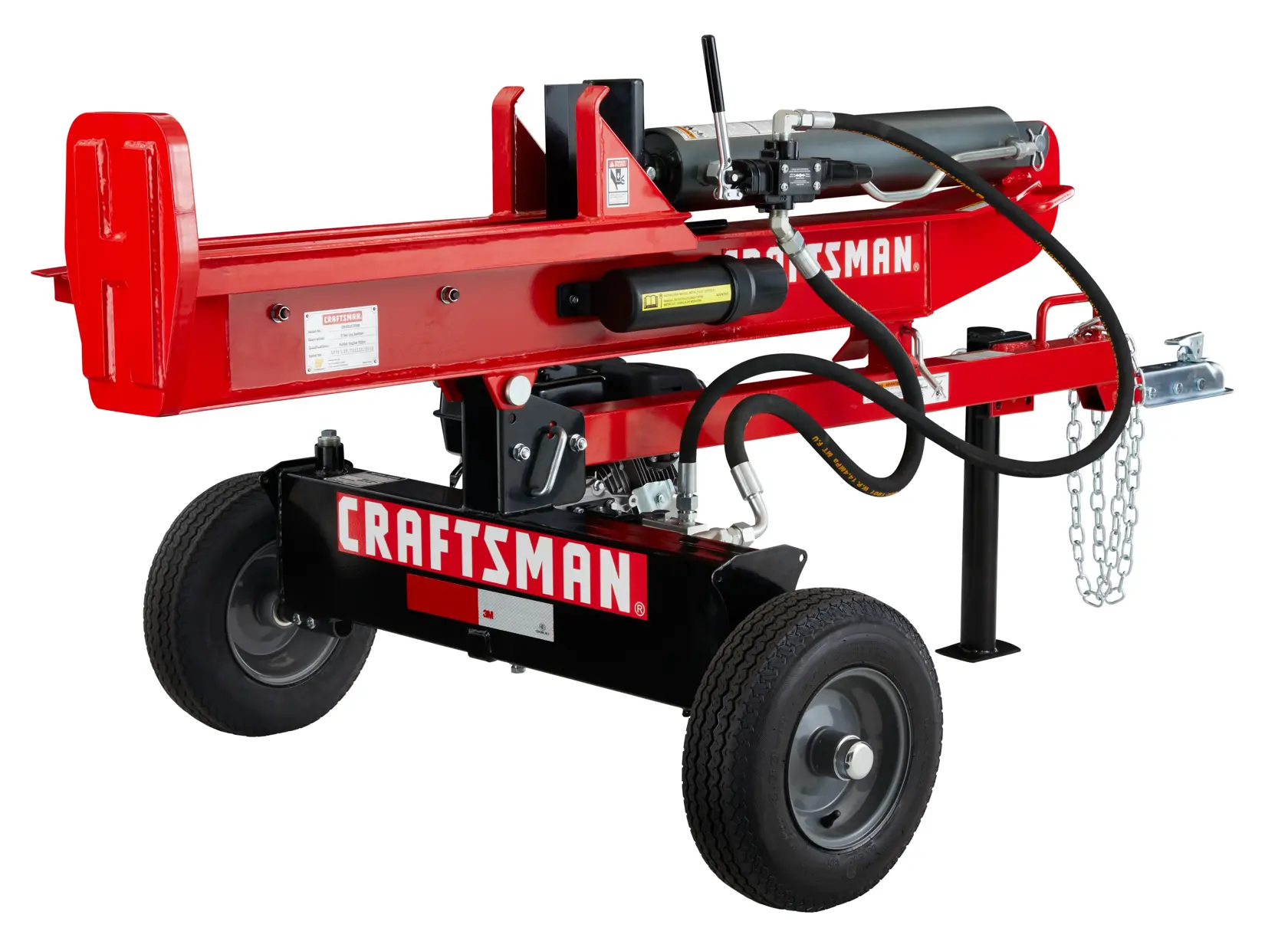 Photo of Craftsman log splitter CMXGLXT2700, red and black, side angle, hydraulic hoses visible.