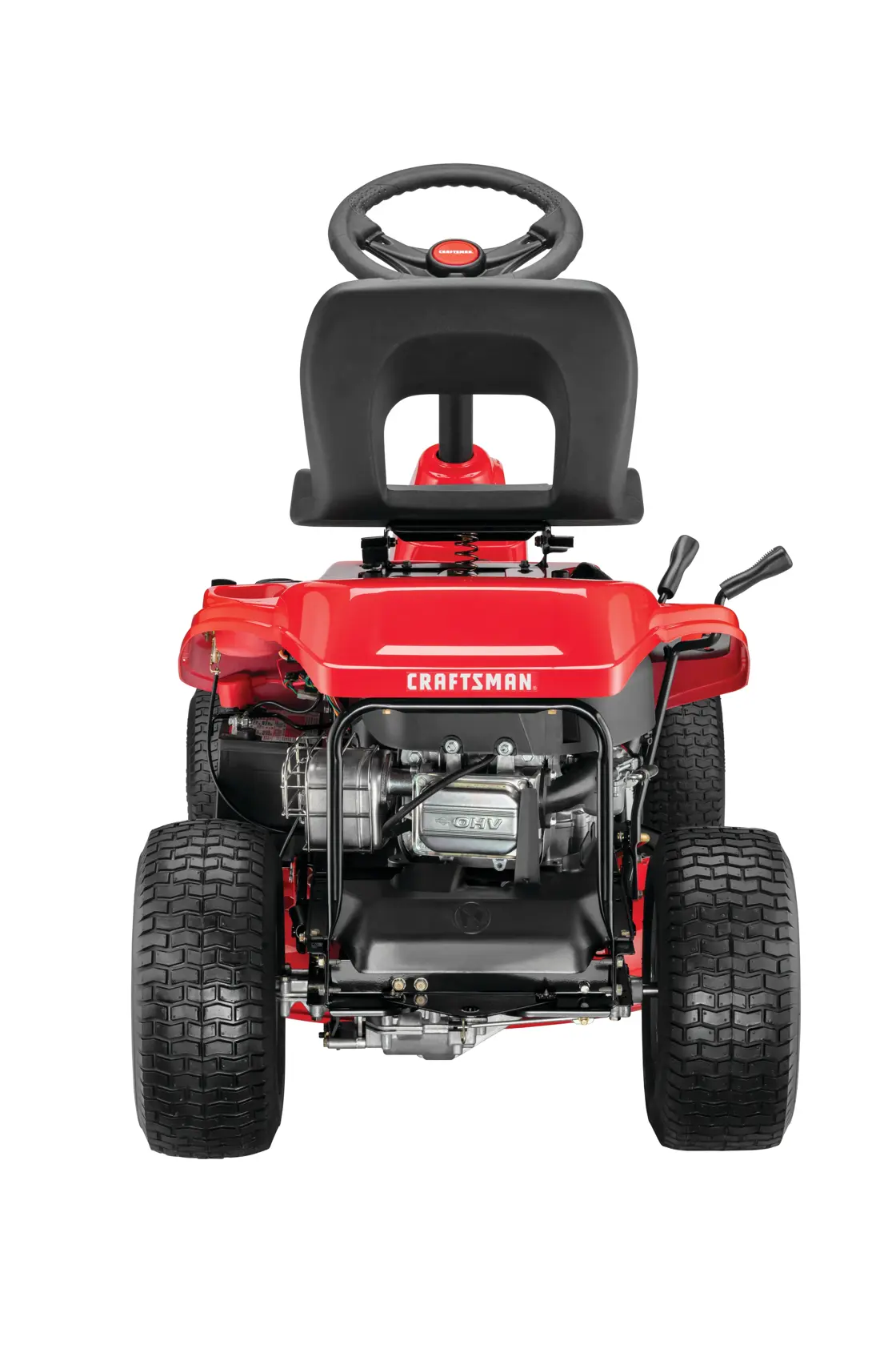 Left profile of 30 inch 10 h p gear drive mini riding mower with mulching kit.