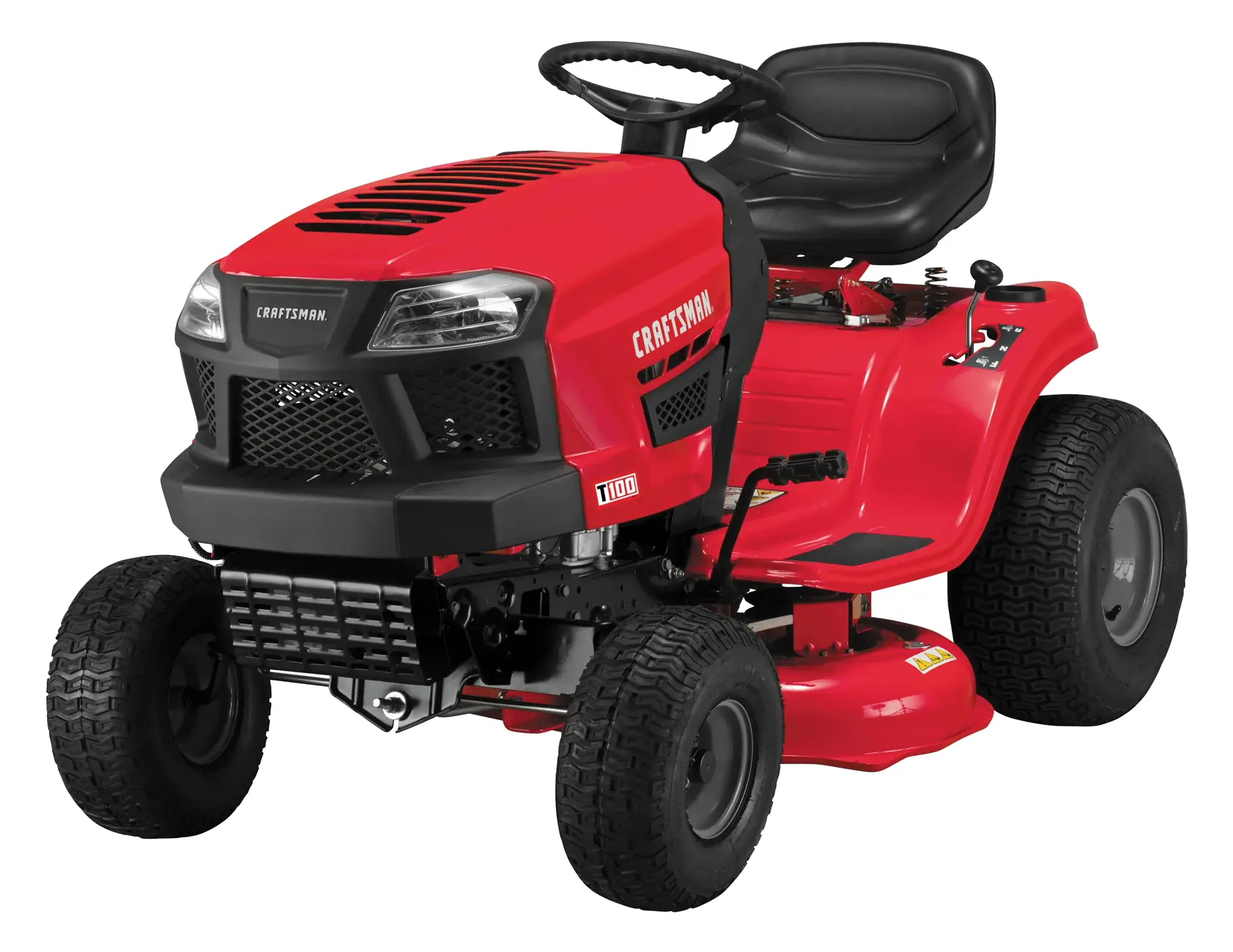 Craftsman T100 riding lawn mower 13A277XS093 white background beauty shot front angle