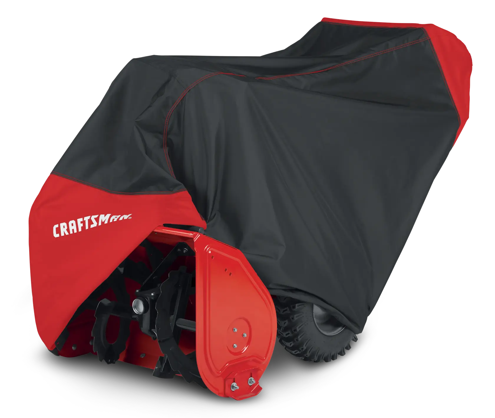 A red and black protective cover placed over a snow blower machine. The cover has the brand name 'Craftsman' printed on the side.