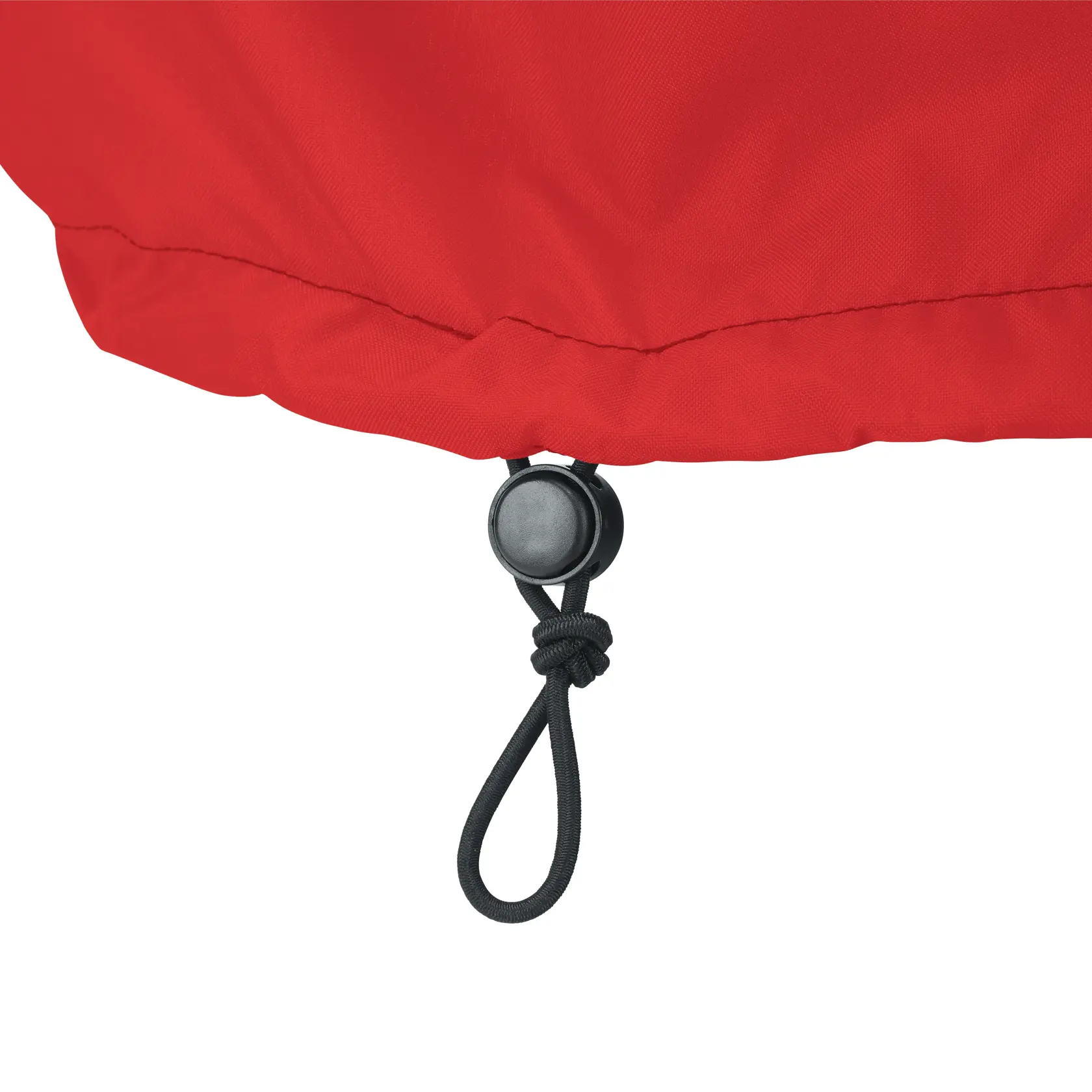 Close-up of a red fabric with a black adjustable drawstring and plastic toggle.
