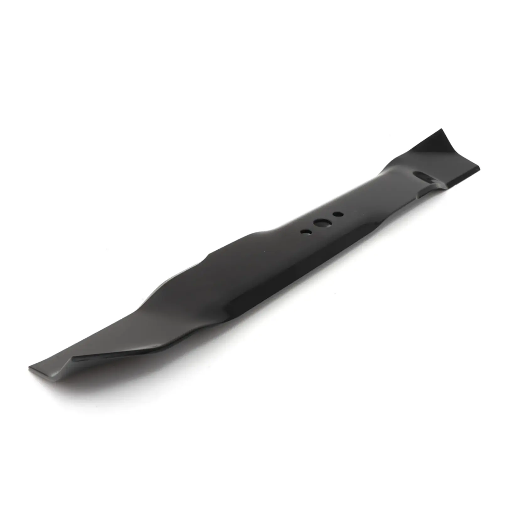 A single metal lawn mower blade with a black finish, shown on a white background. The blade has three mounting holes in the center and slightly curved edges.