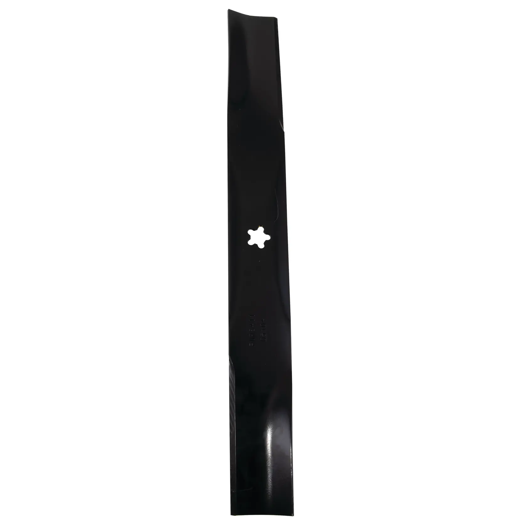 A single black lawn mower blade with a star-shaped central mounting hole, shown vertically against a white background.
