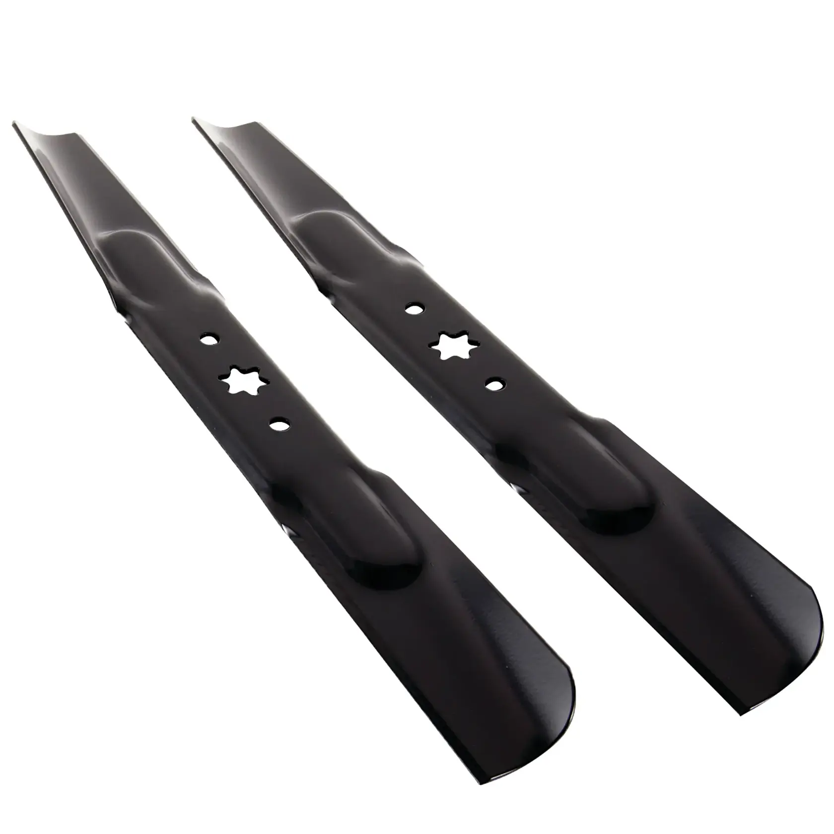 Photo of two Craftsman 490-325-0065 black mower blades with star-shaped mounting holes, angled on white background.