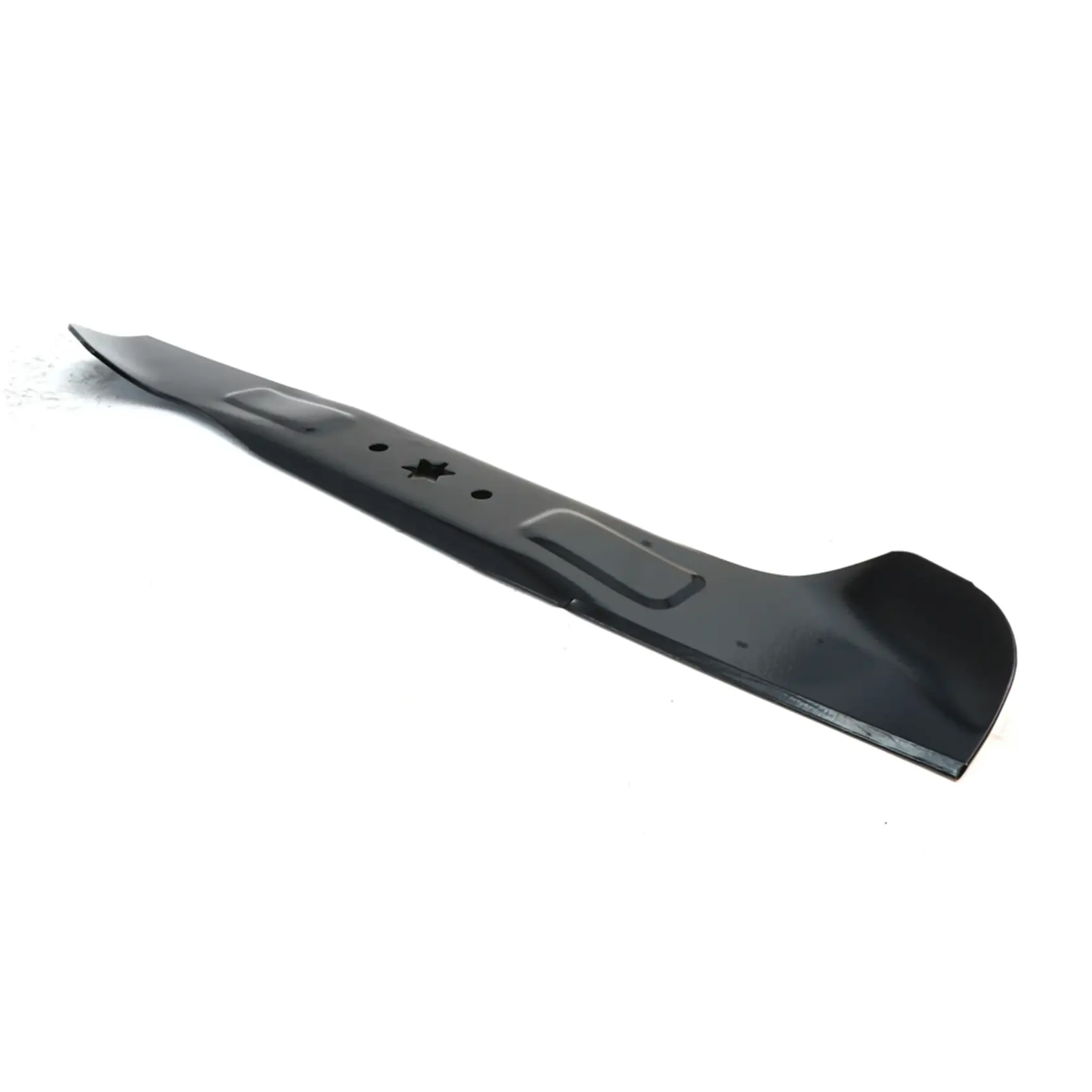 A single metal lawn mower blade with a curved design, photographed on a white background.