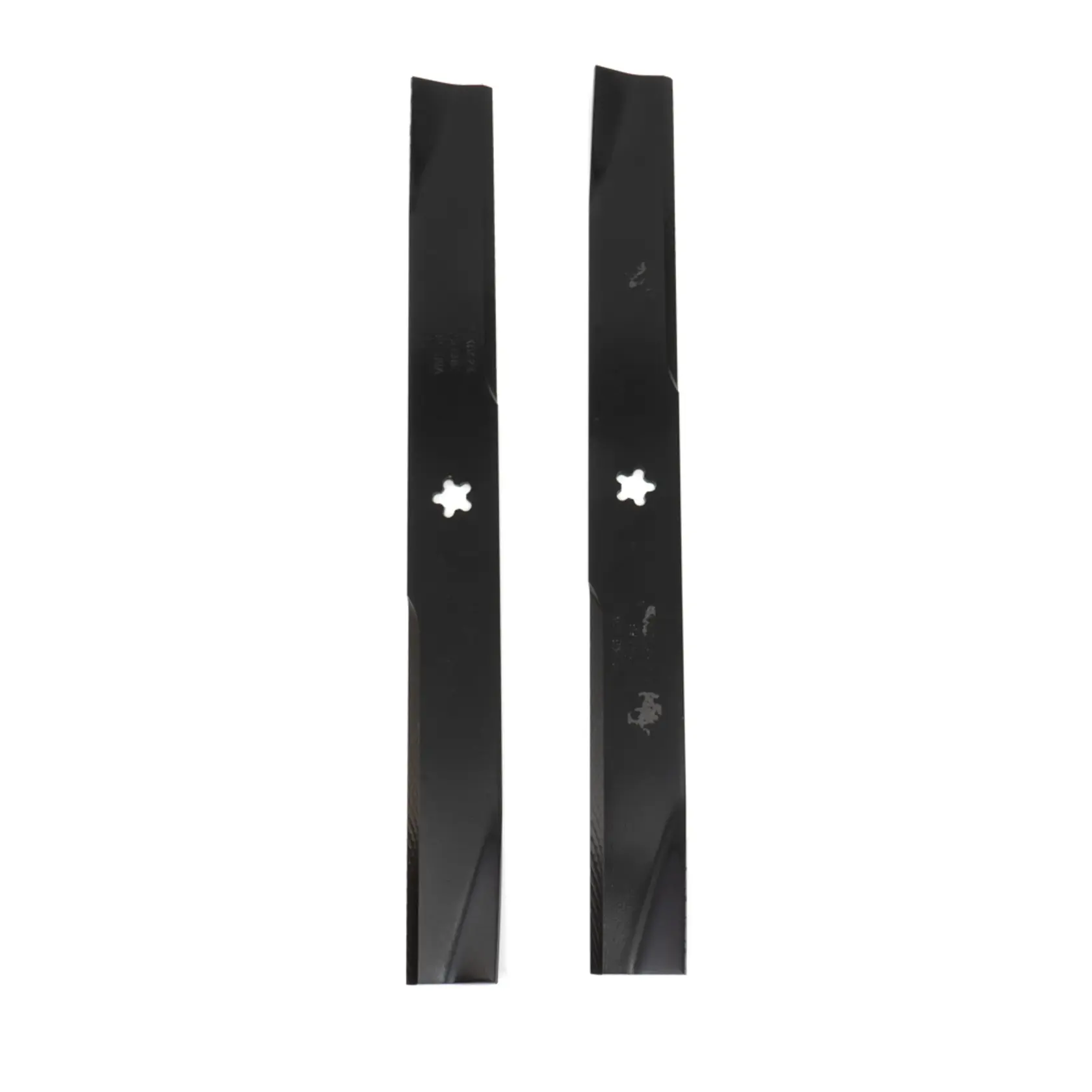 Two black metal lawn mower blades with star-shaped center holes, displayed side by side on a white background.
