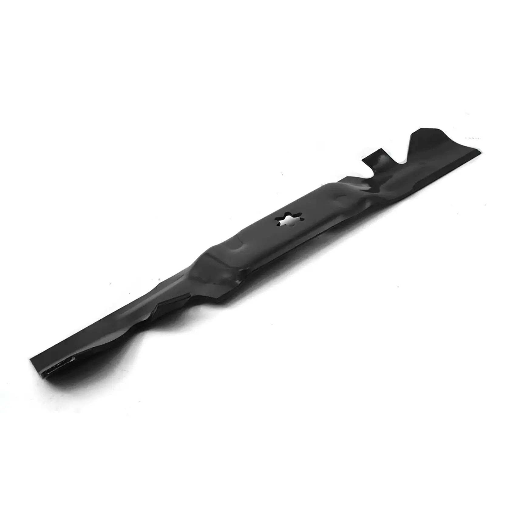 A single black mulching lawn mower blade with a star-shaped center hole, displayed on a white background.