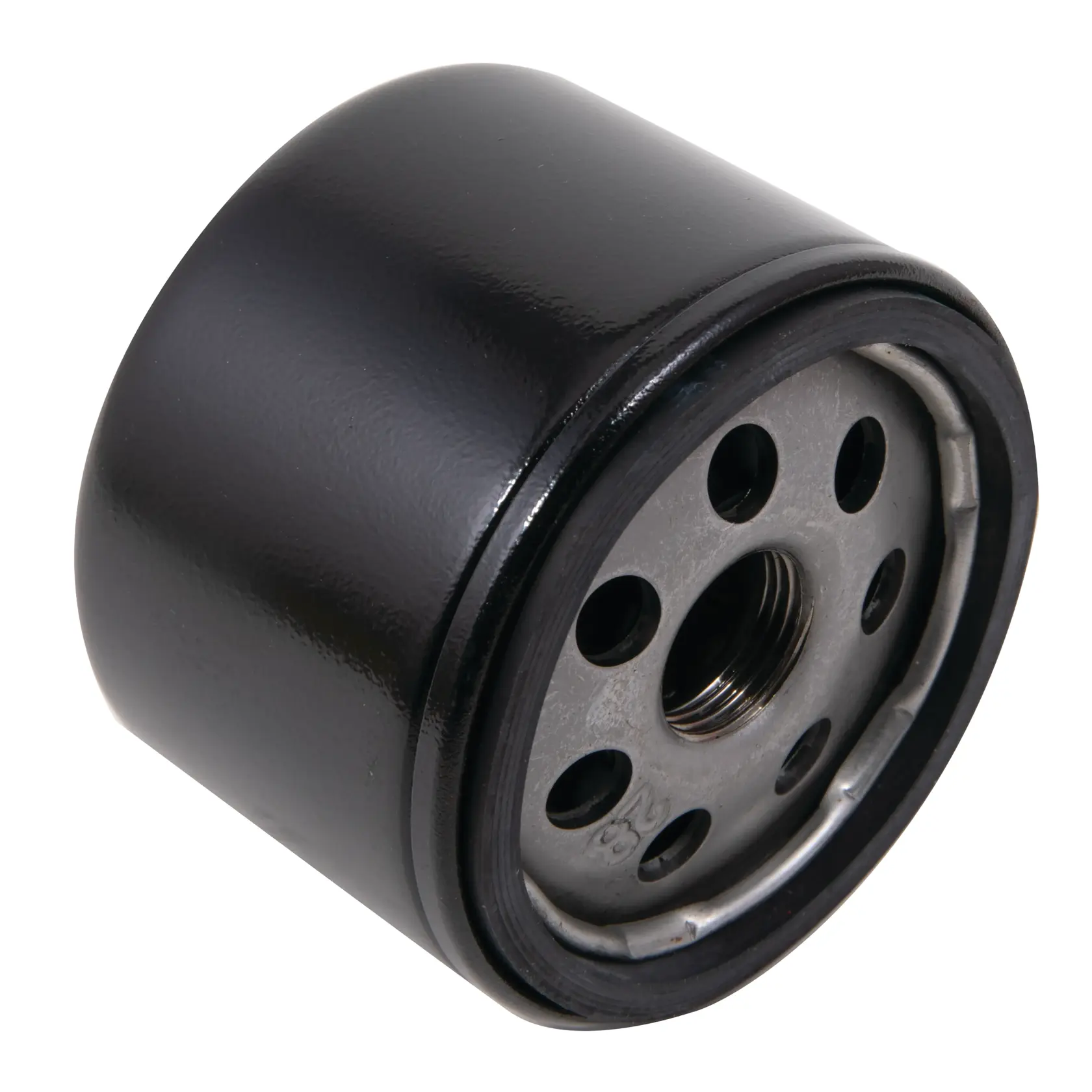 Photo of Craftsman 504-00932 black cylindrical oil filter, angled to show threaded metal base and inlet holes.
