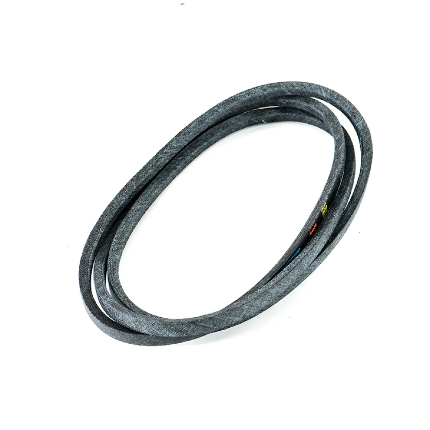A black rubber V-shaped belt coiled in a loop, photographed on a white background.