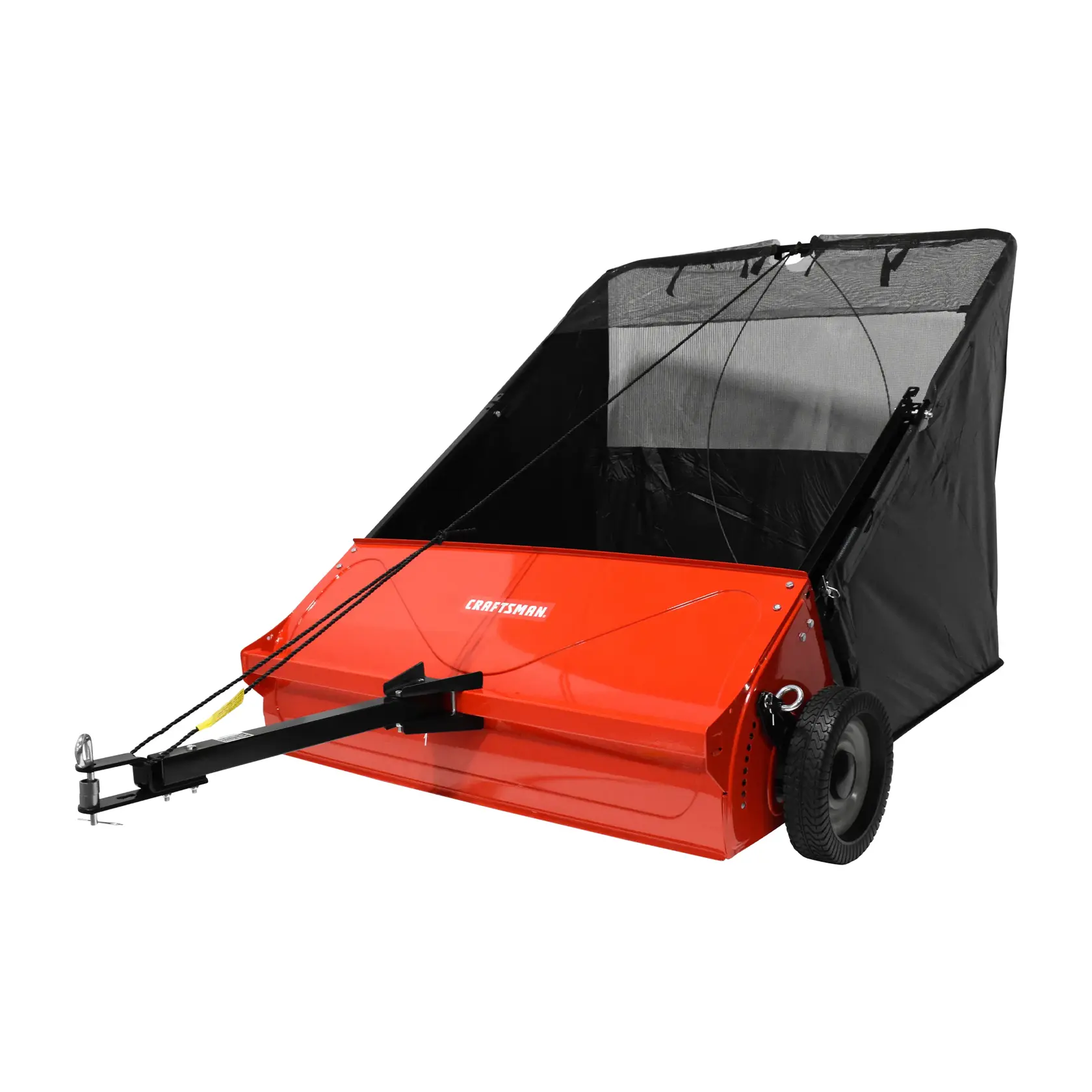 A red and black lawn sweeper with two wheels and a tow bar, designed for attachment to a riding mower or tractor. The sweeper has a spacious collection bin for debris and grass clippings.
