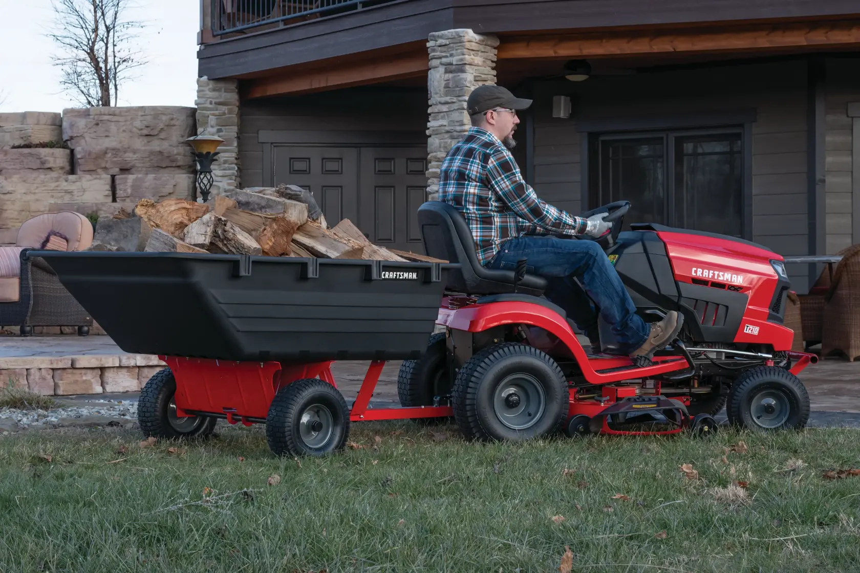 17 cubic foot poly cart being used to move wood.