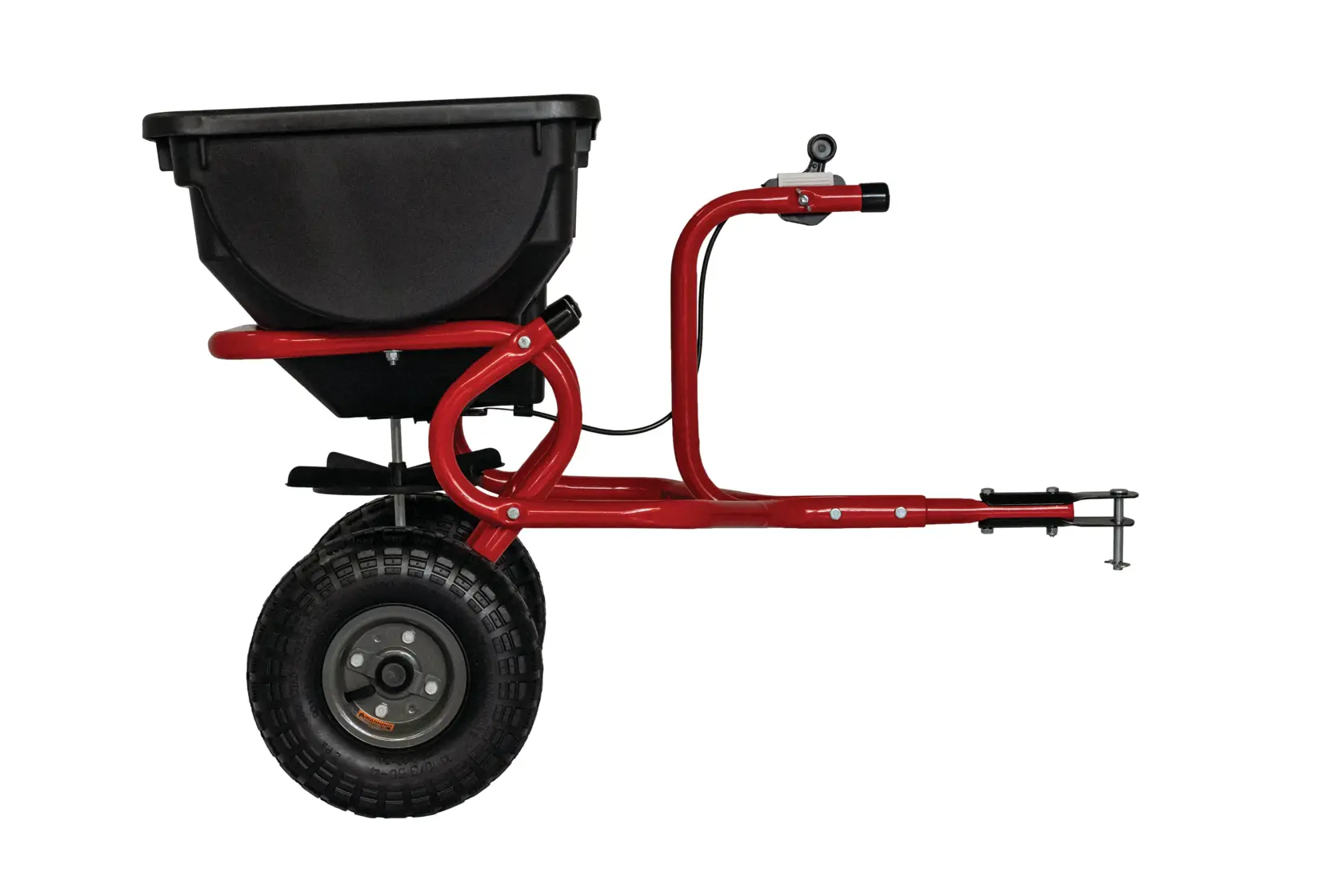 Right profile of 85 pounds tow broadcast spreader.