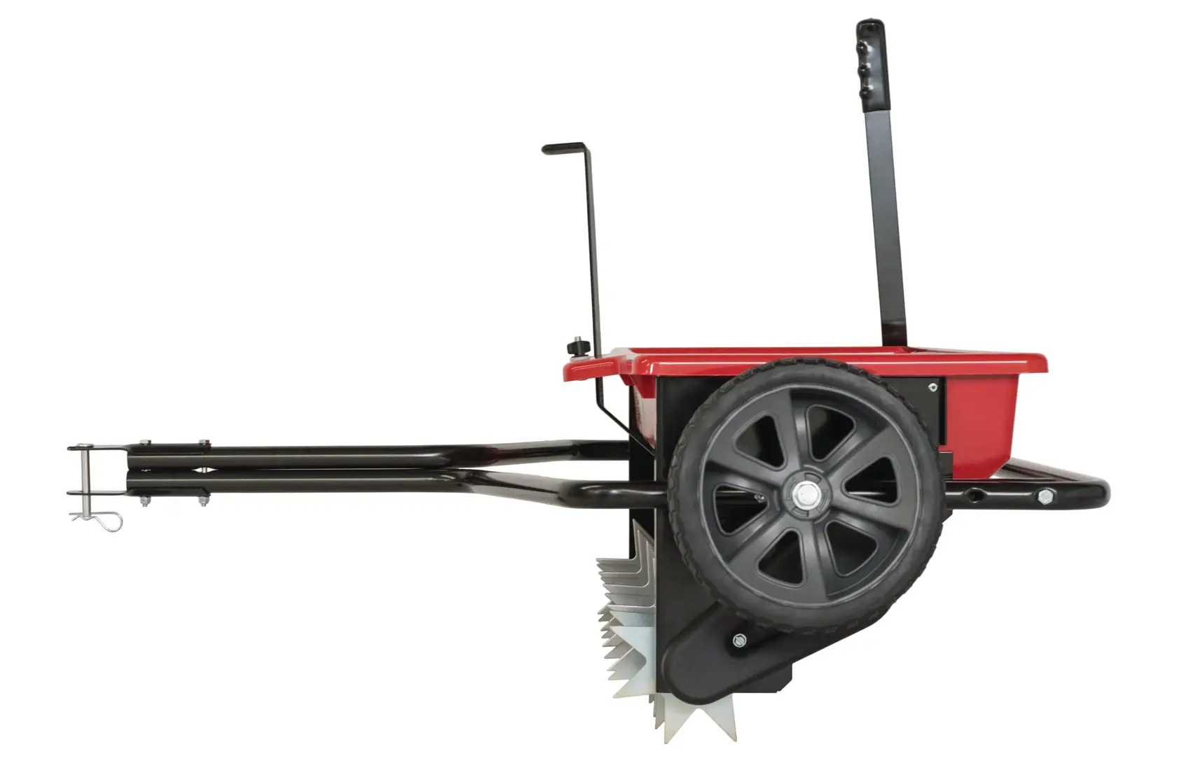 Left profile of 100 pounds aerator drop spreader combo.