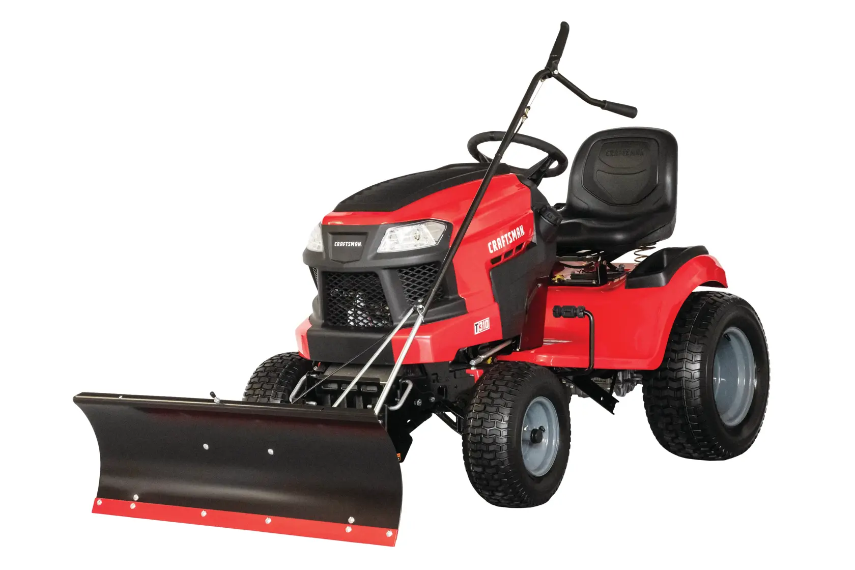 Front angle photo of Craftsman lawn tractor with plow attachment, red color, SKU CMXGZBF7124441.