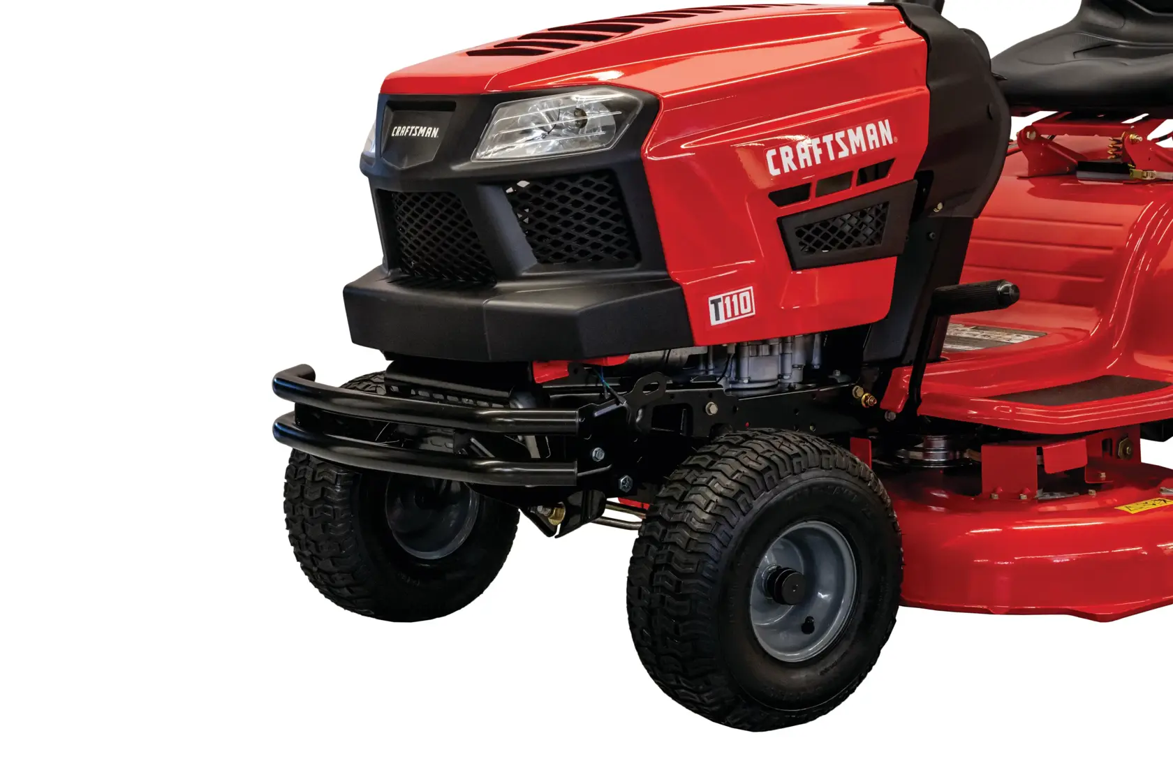 Dual bar bumper being attached to front on lawn mower.