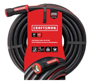 Black and red craftsman professional-grade water hose, 50-foot by 5/8 inch, front-facing in packaging.