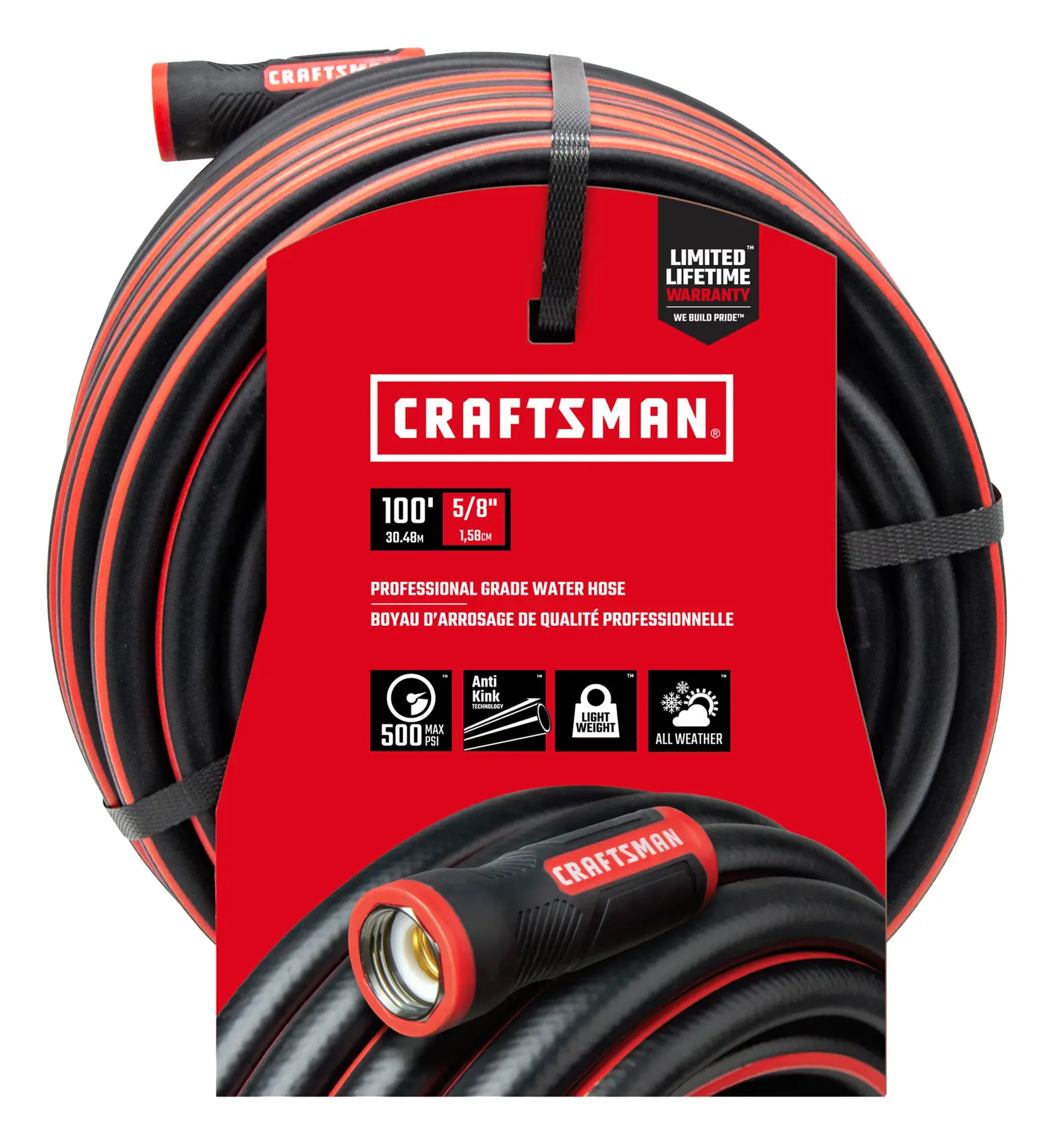 Photo of Craftsman black and red professional grade water hose, 100 ft, 5/8 in, SKU CMXMHBB16515, front angle.