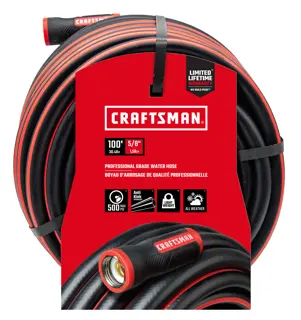 Black and red craftsman professional-grade water hose, 100-foot by 5/8 inch, front-facing in packaging.