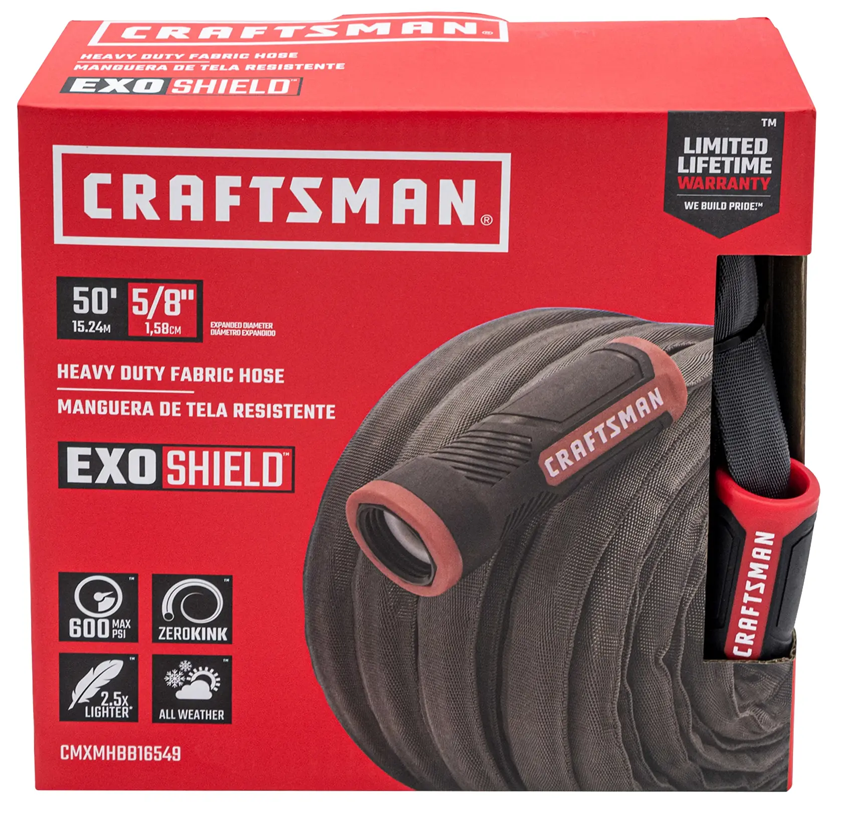 Photo of Craftsman EXO Shield heavy duty fabric hose in retail box, SKU CMXMHBB16549, front angle.