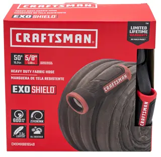 Black and red craftsman heavy duty fabric hose, 50-foot by 5/8 inch, front-facing in packaging.