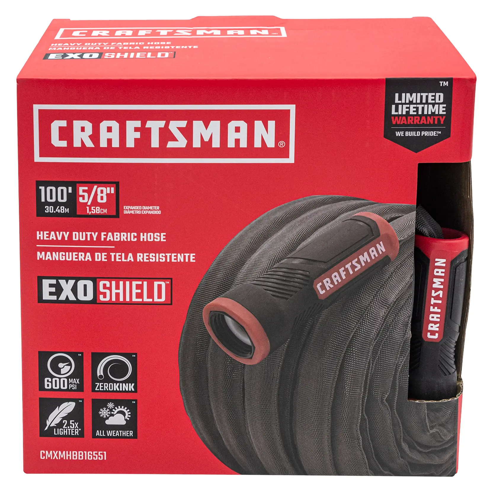 Black and red craftsman heavy duty fabric hose, 100-foot by 5/8 inch, front-facing in packaging. 
