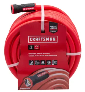 Red and black craftsman 75-foot by 5/8 inch professional-grade hot water hose. Front-facing in packaging.